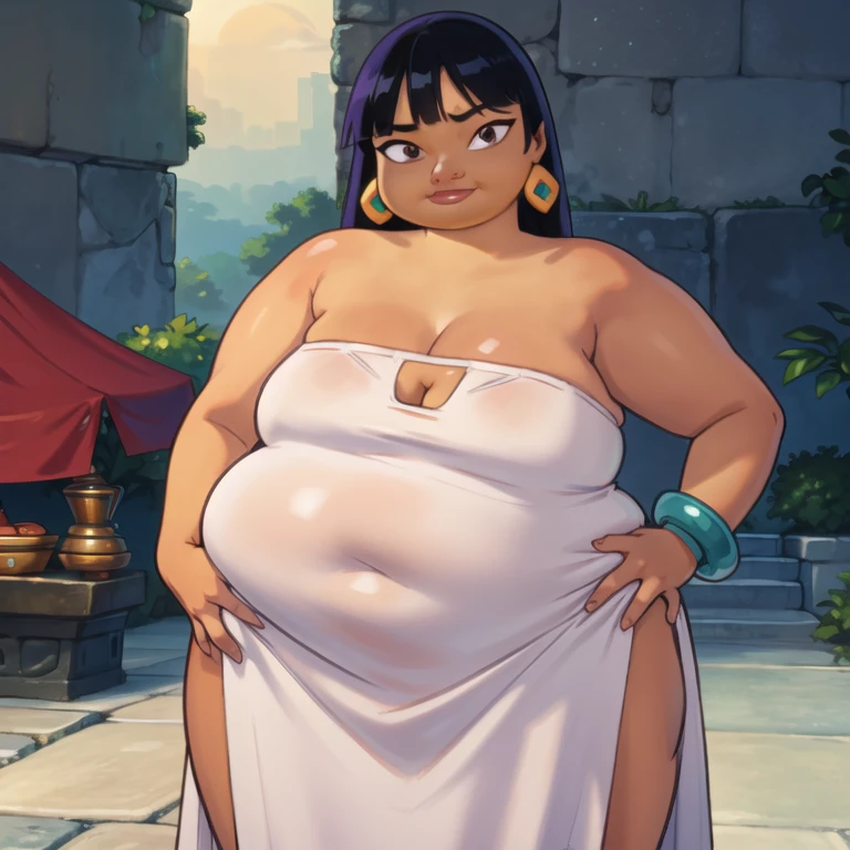 (work of art:1.2, best qualityer:1.2), soft ambient lighting, perfect lighting, 1 girl, standing alone, Chel, Bblack hair, long hair, rhombus stripe, eyes browns, darkskin, lipstick, breasts big, Broad Hips, top of the tube, neckleace, bared shoulders, emerald earrings, emerald bracelets, looking at the camera with a smug expression on his face, beach background, very large body, fat belly rolls, ssBBW, big breasts, sexy smile, fat arms, thunder thighs, super fat, BBW, looking at viewer