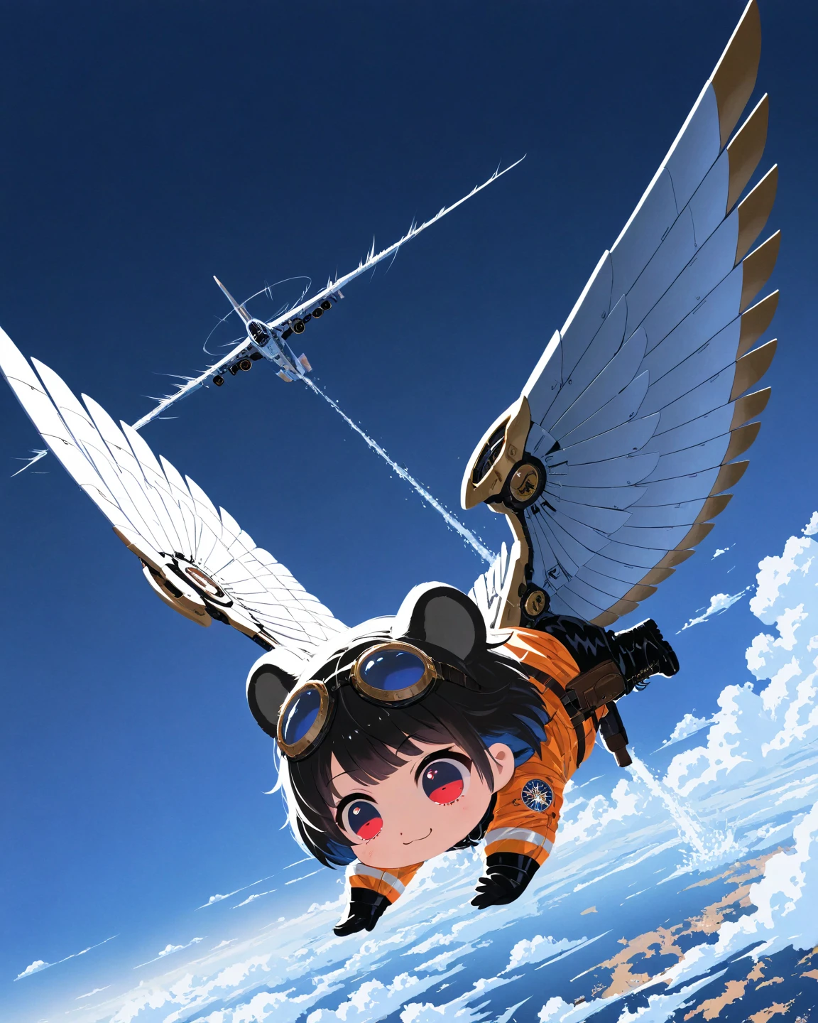 (solo),1girl\(big smile, cute, (chibi:1.3), big eyes, ruby eyes, black Koala ears, hair\(short hair,black hair, (inner colored blue)\), (big wings\(clasical (steam-punk:1.2) mechanical wing\):1.2), (worn-out flight jacket:1.2), jumpsuit, leather short boots, holster at legs, steam-punk goggles, (dynamic pose:1.4),(flying:1.4), at sky high\). dynamic angle, long shot. background\(high altitude sky, futuristic aircrafts, futuristic landscape\). BREAK .quality\(8k,wallpaper of extremely detailed CG unit, high resolution, top-quality, top-quality real texture skin, hyper realistic, increase the resolution, RAW photos, best quality, highly detailed, the wallpaper, golden ratio, high saturation realism, vibrant colors, dramatic lighting, persuasive storytelling, atmospheric scenery, captivating visuals, intricate details, strong emotions, dreamlike world\).(motion blur:1.3)