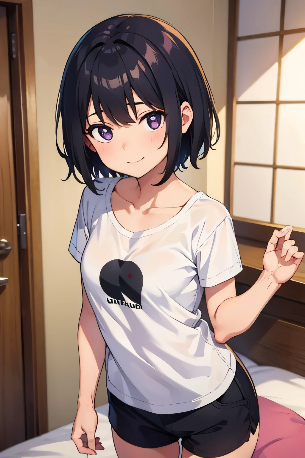  elementary school , flat chest, black hair, wavy short hair, purple pupils, open smile（（One person）） Black short-sleeved T-shirt　 Lower Body Dolphin Shorts 　 girl's room　 Japanese in white underwear 