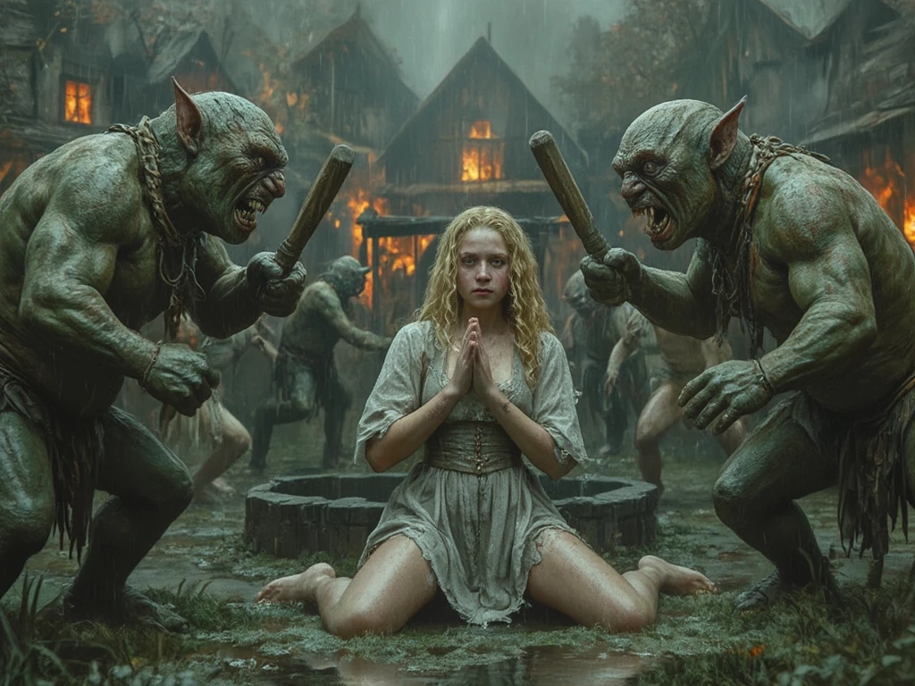 Part 6 : (( high resolution,  ultra-detailed frame )),  ((  focusing on the subtle details and atmosphere of the stage))spring,  Rainy weather , medieval themes, all characters are visible in the frame, arras: - fat , green, naked with huge clubs in her hands ,  have sharp teeth , long claws, A vile face. 
 1- In the background We see a burning village in a swamp ,  the square with a stone well in the center of the square ,  small burning wooden houses covered with moss;
- naked women in the background , Torn clothes,  kill creatures ,  goblins ;
 - three goblins surrounded a blonde girl in torn dirty and wet medieval linen clothes, gray torn ,  a leaky blouse and a torn leaky gray skirt revealing her bare feet wet and dirty in the swamp ,  with a beautiful face blond curly ,  long hair,  pale pink dirty skin ,  skinny girl with big beautiful breasts, round ass , , the girl is kneeling with her legs wide open , with your hands pressed to your chest in a praying position,  on the very beautiful face of a girl with plump beeps and reddened cheeks in freckles ,  expresses agony fear ,  horror and despair .