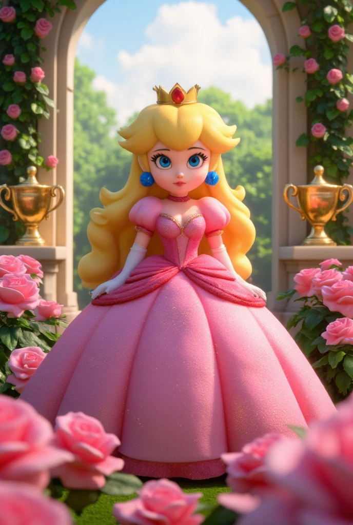 (best quality, 128k,highres,masterpiece:1.2),ultra-detailed,(realistic,photorealistic,photo-realistic:1.37), ((masterpiece)) ((photography)) ((Highest quality))  
A stunning Princess Peach (Mario) standing in an enchanting garden surrounded by lush pink roses. She wears a glamorous, fluffy pink gown adorned with glitter, and her long, flowing blonde hair is crowned with a delicate tiara. The scene is bathed in soft, magical lighting, creating an ethereal atmosphere. Elegant golden trophies are placed beside her, enhancing the royal vibe. Captured in a whimsical and caricatured artistic style with vivid colors that emphasize beauty and fantasy.