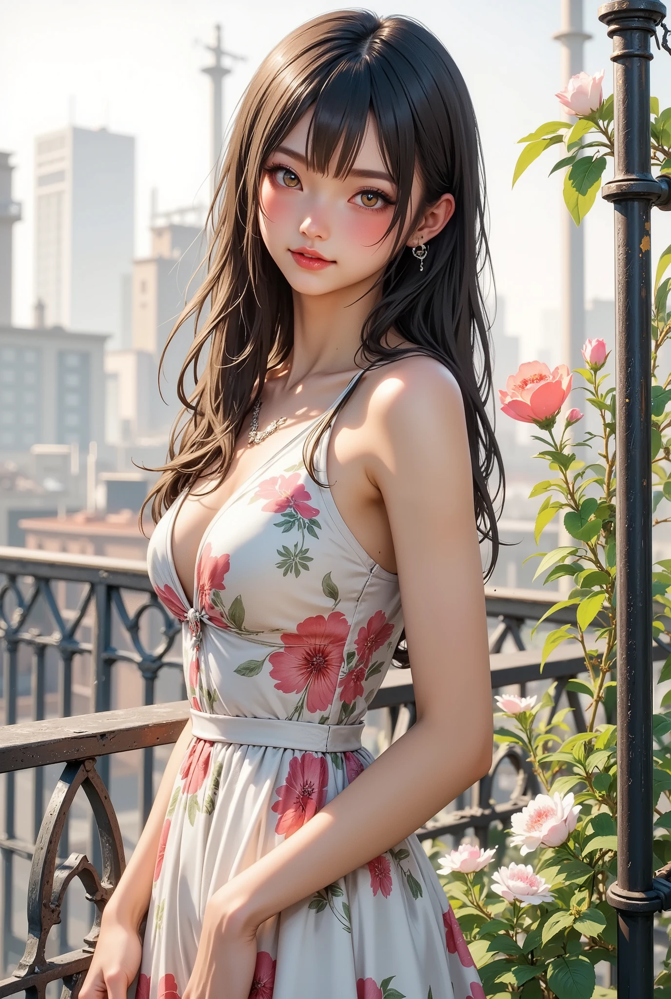 1girl,expression\(seductive smile,half-closed eyes,confident\), elegant posture, long-sleeved dress, high collar, intricate floral patterns, flowing hair, background\(rooftop garden, wrought iron fence, soft pastel lighting, blooming flowers, delicate shadows\), Art Nouveau style, watercolor style, best quality, 