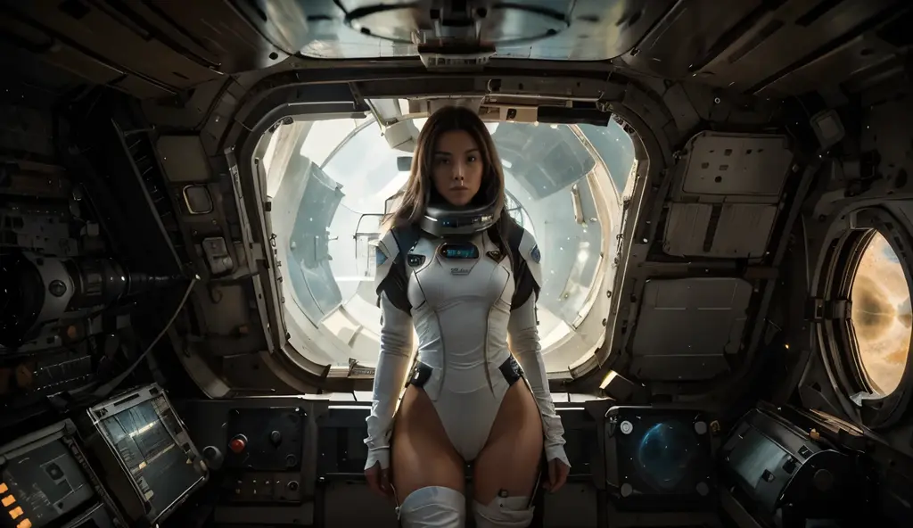 28 years old American woman, ((full body)), ((nude)), ((heavily armored space warrior)), beautiful chest, sitting on the seat with her legs spread apart in the single seated space fighter in deep space, fighting the alien space ship, Milky way outside of the ship, zoom in from below