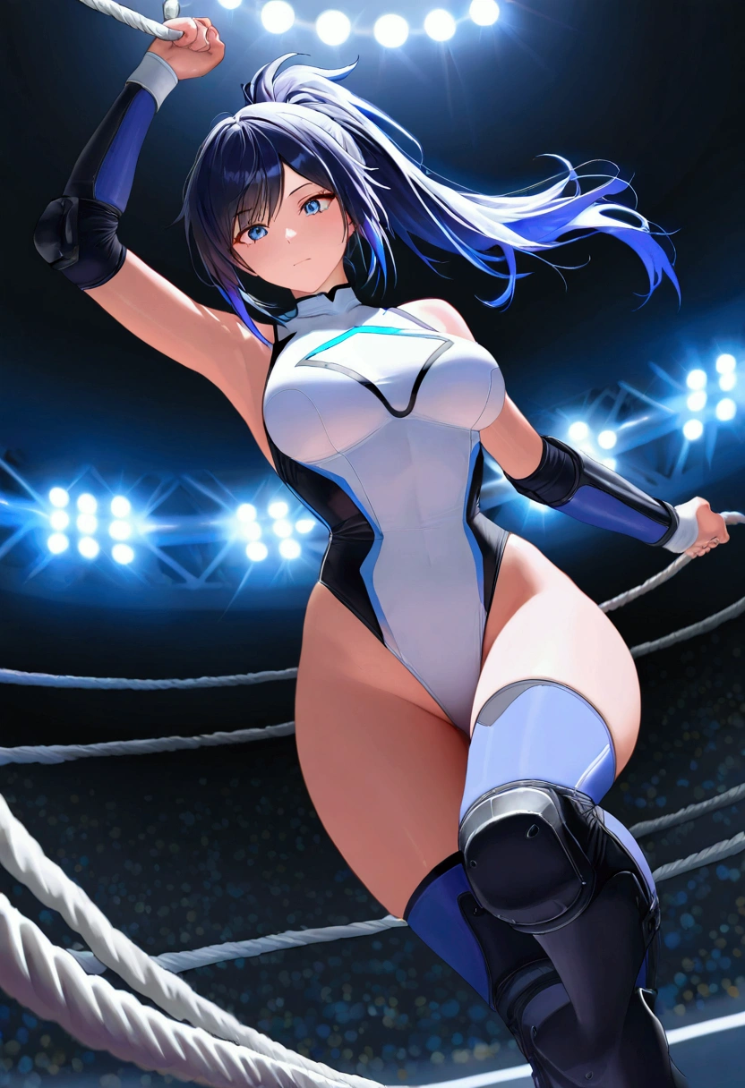 ((((masterpiece)))), (( unity 8k wallpaper, photorealistic , (( detailed face )), ((nsfw)), Female Pro Wrestler with Floating Legs, has a confident face, absolute center,The signboard star ,Ponytail,ribbon,Pure white leotard,Elbow guard, leg protector ,Entrance scene,Jump over the rope stretched on the pro wrestling ring and ring in,A beautiful jump , Brilliant Jump , a jump like a high jump full of dynamism,Aerial Assault,Moonsart Press from Top Rope,Jump over the rope stretched on the 