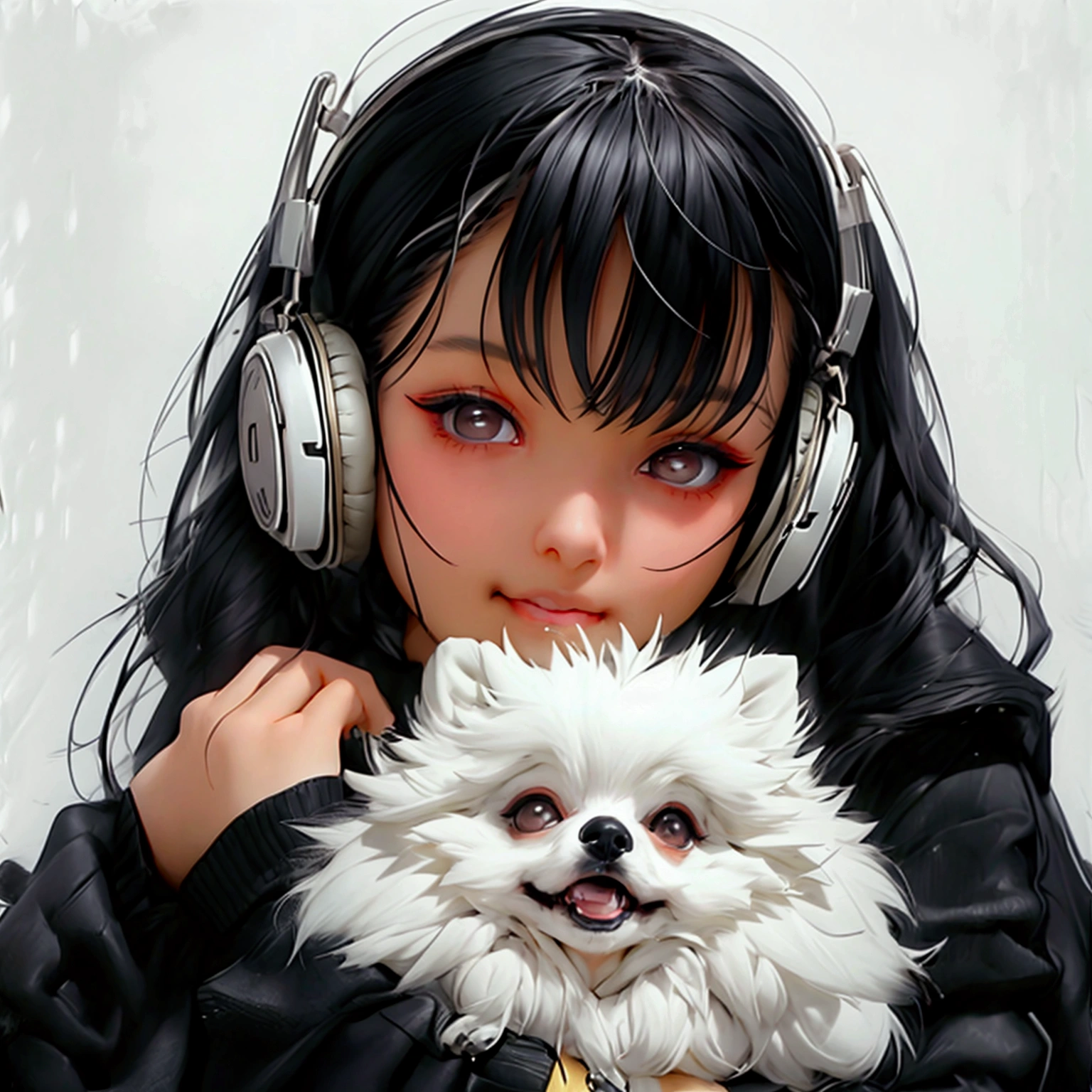 "A young woman with bright dark hair, bright skin, and the soft expression , wearing an oversized black sweater.  He wears silver headphones around his neck and has earrings in his left ear .  The woman hugs an adorable-looking white fluffy Pomeranian dog.  The background is plain white , gives full focus to the female character and her dog ."

