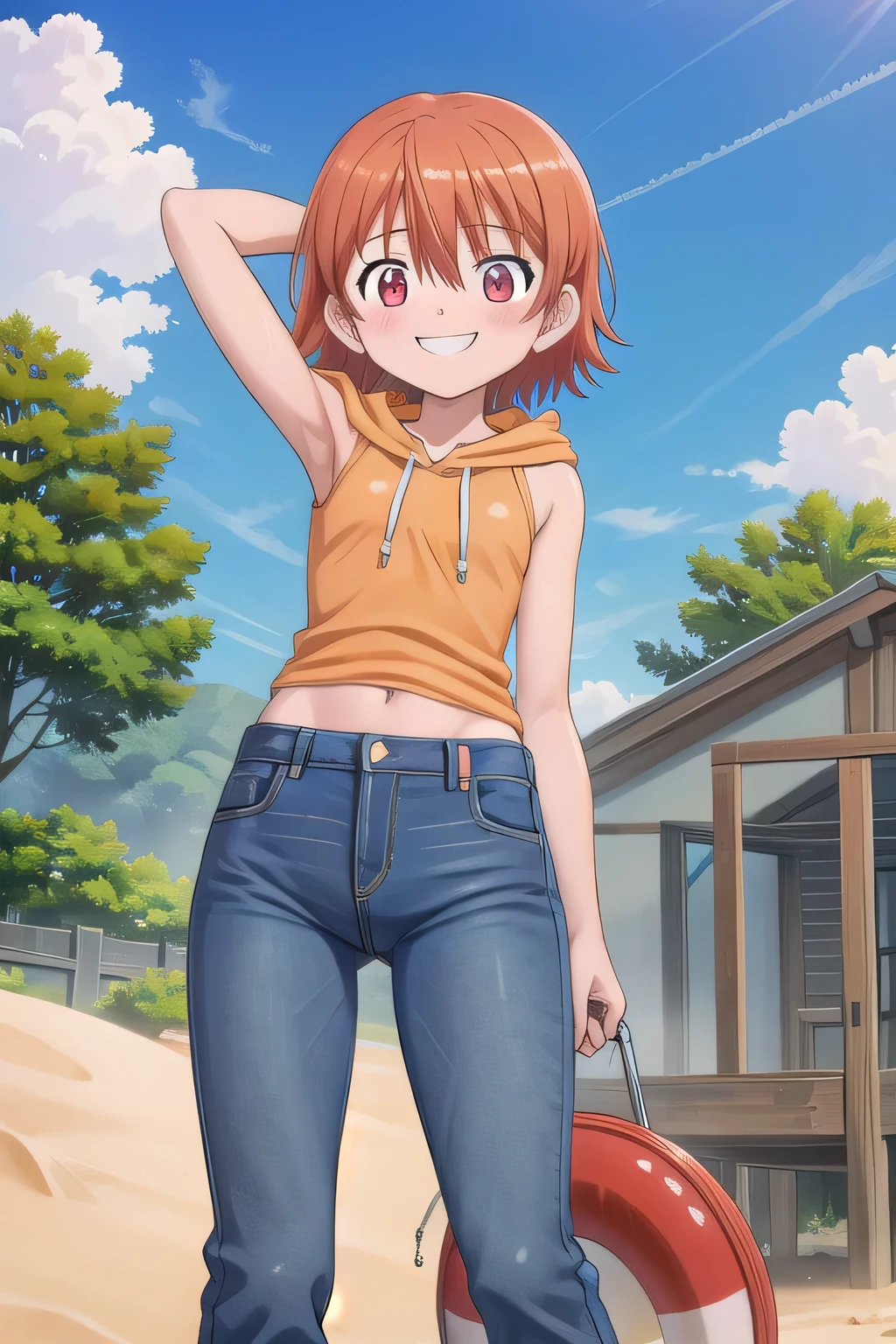 masterpiece,best quality,ultra detail,1girl, 14yo, petite, ((round face, ecstasy, orgasm face, drooping eyes, shame smiling, blush)), dropping eyes, sleepy, background((under the beach, (day:1.2), under sand beach, bright sky)), takenouchi_sora, short hair, orange hair, red eyes, arms behind head, contrapposto, spread armpits, looking at viewer,, yellow hood, hood down, hooded vest, yellow hoodie, sleeveless, (jeans pants:1.2, flares jeans:1.2, skinny jeans:1.2, blue jeans:1.2), standing, (legs spread:3:1), dynamic pose, Sweaty crotch, Steam from the crotch, from below, full body