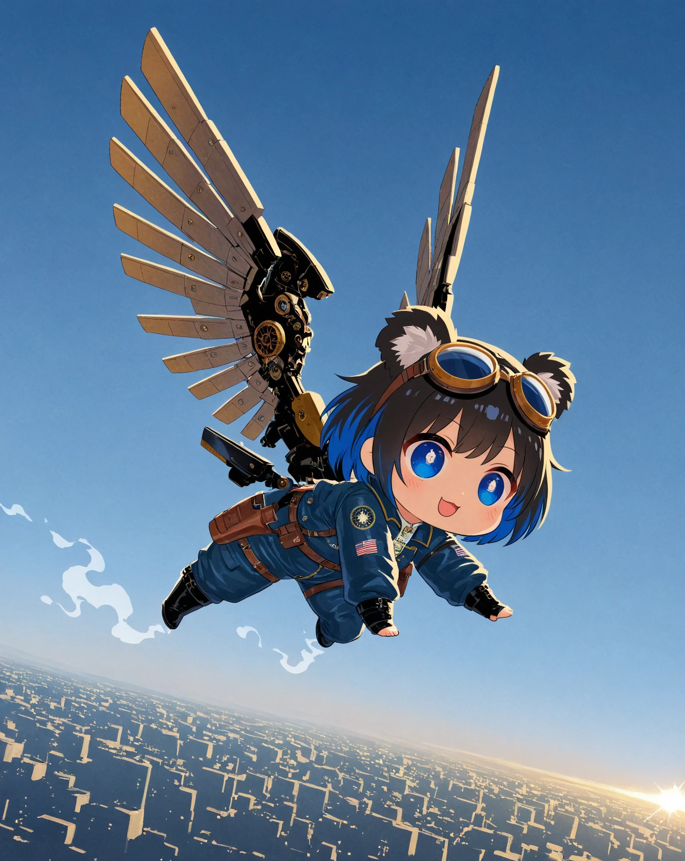 (solo),1girl\(big smile, cute, (chibi:1.3), big eyes, ruby eyes, fluffy Koala ears, hair\(short hair,black hair, (inner colored blue:1.3)\), (big wings\(classical (steam-punk:1.2) mechanical wing\):1.2), (worn-out flight jacket\(top-gun\):1.2), jumpsuit, leather short boots, holster at legs, steam-punk goggles, (dynamic pose:1.4),(flying:1.4), at sky\). dynamic angle, longshot. BREAK .background\(high altitude sky, futuristic airplanes, futuristic city\). BREAK .quality\(8k,wallpaper of extremely detailed CG unit, high resolution, top-quality, top-quality real texture skin, hyper realistic, increase the resolution, RAW photos, best quality, highly detailed, the wallpaper, golden ratio, high saturation realism, vibrant colors, dramatic lighting, persuasive storytelling, atmospheric scenery, captivating visuals, intricate details, strong emotions, dreamlike world\).(motion blur:1.3)