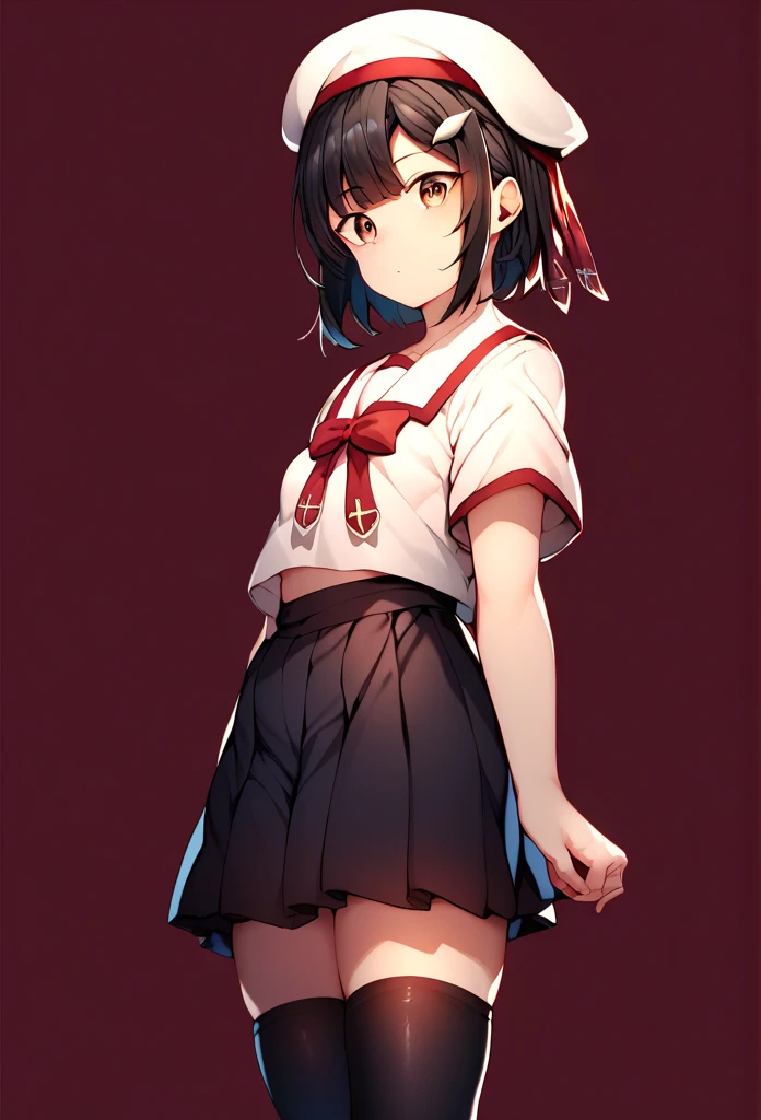 aamiyu, short hair, black hair, beret, white headwear, hair ornament, brown eyes, small breasts, school uniform, white sailor collar, red ribbon, white shirt, short sleeves, pleated skirt, black skirt, black thighhighs