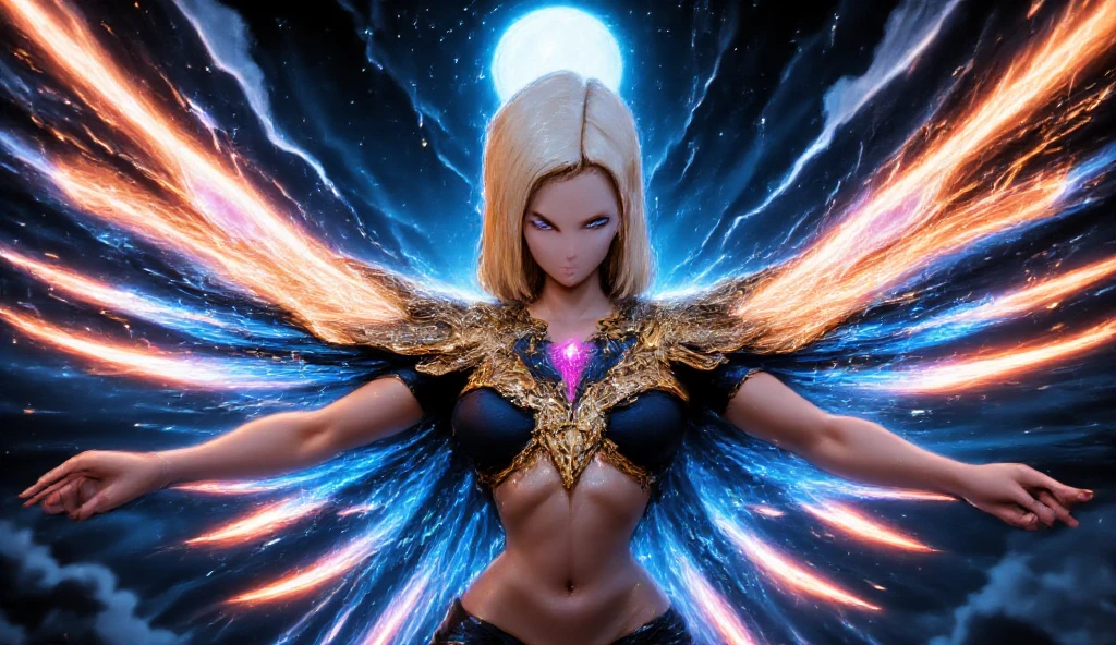 android c 18 as a holy arch angel in beautiful armor and holy magic aura with huge wings, the left wing is water wing and right wing is fire wing