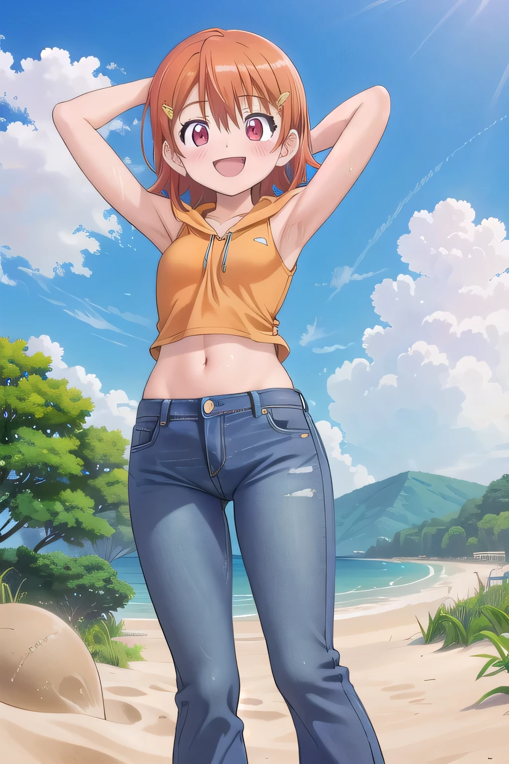 masterpiece,best quality,ultra detail,1girl, 14yo, petite, ((round face, ecstasy, orgasm face, drooping eyes, shame smiling, blush)), dropping eyes, sleepy, background((under the beach, (day:1.2), under sand beach, bright sky)), takenouchi_sora, short hair, orange hair, red eyes, arms behind head, contrapposto, spread armpits, looking at viewer,, yellow hoodie shirt, yellow crop top, sleeveless, (jeans pants:1.2, flares jeans:1.2, skinny jeans:1.2, blue jeans:1.2), standing, (legs spread:3:1), dynamic pose, Sweaty crotch, Steam from the crotch, from below, full body