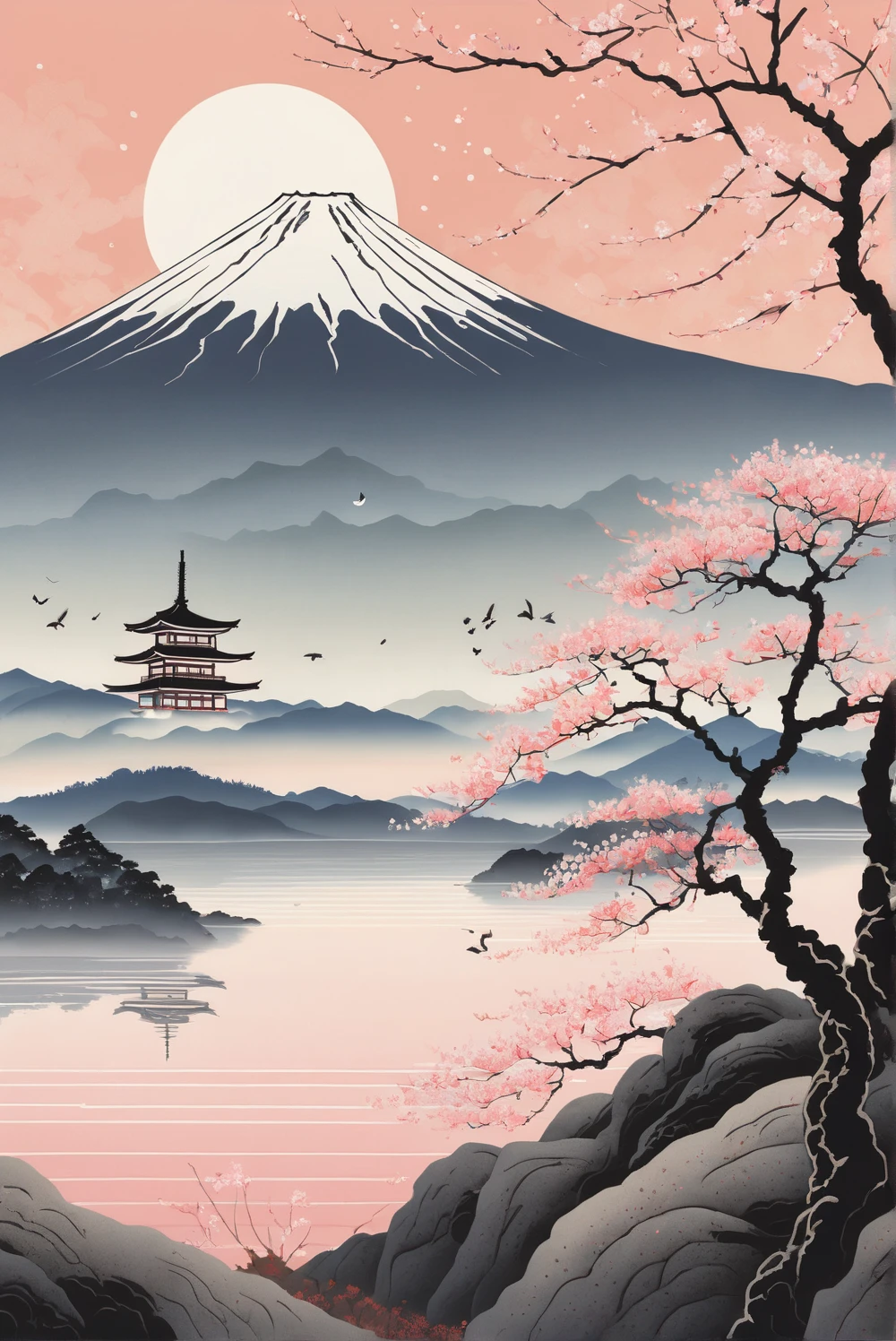 This image is a traditional Japanese-style illustration of a serene landscape. The layout is horizontal, with a minimalist aesthetic. The background is a soft cream color, creating a soothing atmosphere. On the left, Mount Fuji, the symbol of Japan, and a large orange sun dominate the sky. Below, cherry trees with delicate pink blossoms are dotted here and there, their branches curving gracefully across the scene. In the foreground, a prominent tree with a thick black trunk and vibrant pink flowers gives depth. In the top right corner, black Japanese calligraphy bordered by a thin red line adds an authentic cultural touch. The overall composition is well-balanced, blending traditional elements with contemporary design.
