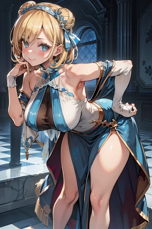 covering chest by hand, (portrait:1.5), (leaning forward:1.5), (breasts apart),(sagging breasts),
seductive smile, blush, drunken eyes, djeeta,Zeta, one girl , short hair, headband,　 brown eyes,Blonde, shiny hair ,  shiny body ,( huge breasts,  glamour :1.1),( huge hips), Tight Waist, long legs ,  high res,Sharp focus,( super detailed , very detailed),( very detailed CG unity 8k wallpaper),((( bright colors))),{best illustration},  beautiful eyes, symmetrical eyes, big eyes:1.5,Seductive eyes,((complete anatomy)), Completed, shiny 肌,very shiny 肌, shiny body ,plastic glitter 肌,exaggerated shiny 肌, illuminated , (hair bun), black gloves, black high heels,(light blue maxi dress:1.5),(light blue high leg underwear:1.2), armpit, bare shoulder, midriff peek, bare back, 
palace,Vast Hall,indoor,aglitter ,Complicated rows of columns, lavishly decorated giant throne,Dazzling Light , gorgeous,
staircase, Marble floor,crimson carpet , white stone ceiling ,(many ladies and gentlemen:1.5).

