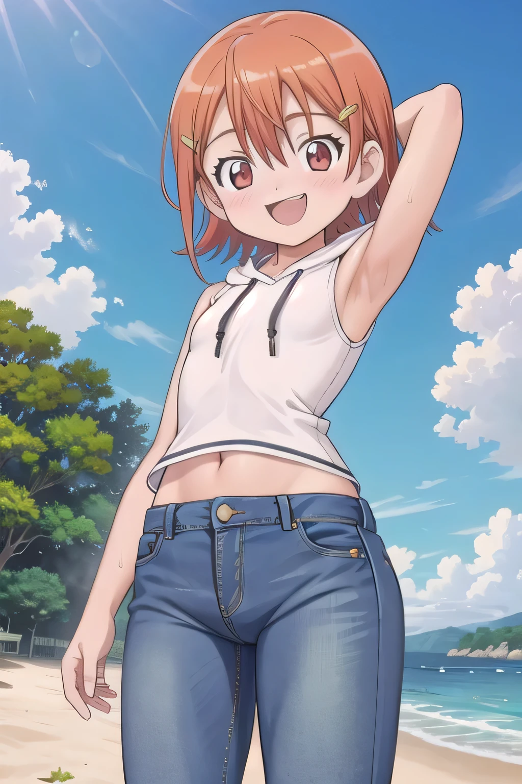 masterpiece,best quality,ultra detail,1girl, 14yo, petite, ((round face, ecstasy, orgasm face, drooping eyes, shame smiling, blush)), dropping eyes, sleepy, background((under the beach, (day:1.2), under sand beach, bright sky)), takenouchi_sora, short hair, orange hair, red eyes, arms behind head, contrapposto, spread armpits, looking at viewer,, yellow hoodie shirt, yellow crop top, sleeveless, (jeans pants:1.2, flares jeans:1.2, skinny jeans:1.2, blue jeans:1.2), standing, (legs spread:3:1), dynamic pose, Sweaty crotch, Steam from the crotch, from below, full body