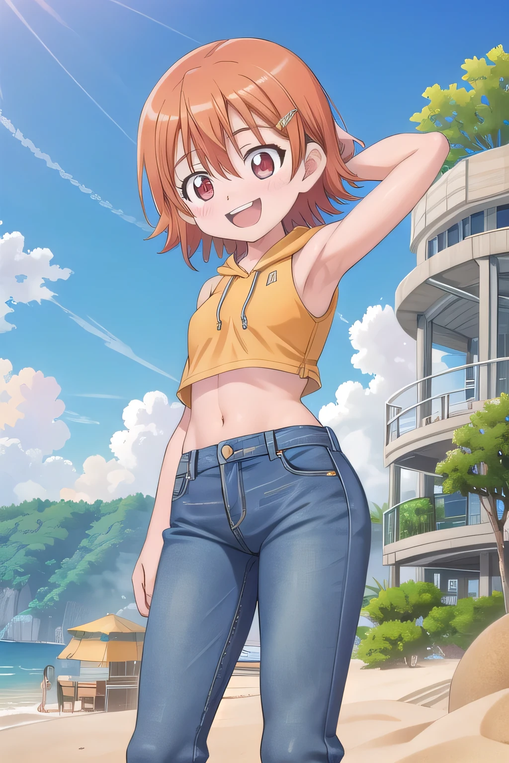 masterpiece,best quality,ultra detail,1girl, 14yo, petite, ((round face, ecstasy, orgasm face, drooping eyes, shame smiling, blush)), dropping eyes, sleepy, background((under the beach, (day:1.2), under sand beach, bright sky)), takenouchi_sora, short hair, orange hair, red eyes, arms behind head, contrapposto, spread armpits, looking at viewer,, yellow hoodie shirt, yellow crop top, sleeveless, (jeans pants:1.2, flares jeans:1.2, skinny jeans:1.2, blue jeans:1.2), standing, (legs spread:3:1), dynamic pose, Sweaty crotch, Steam from the crotch, from below, full body