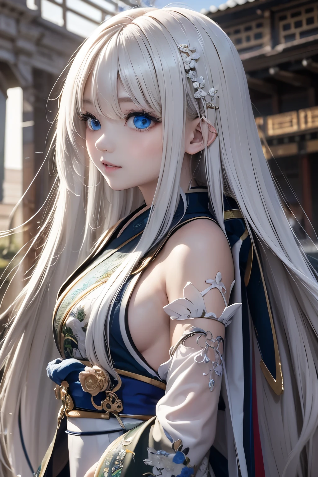 Ultra-detailed and intricate 3D rendering of a beautiful anime character, Beautiful soft studio light, Rim Light, Vivid details,Gorgeous, race, Ultra-realistic, Silver Hair, Ultra-realisticな中世の世界で親密な部分を表現, from front, looking at viewer, Shy Smile, A teenage cute girl, long straight, bangs, Pale, green eyes, uhd, masterpiece, accurate, anatomically correct, beautiful face, perfect face, highly detailed beautiful face and eyes, attractive face, textured skin, super detail, high details, high quality, highres, best quality, 16K
