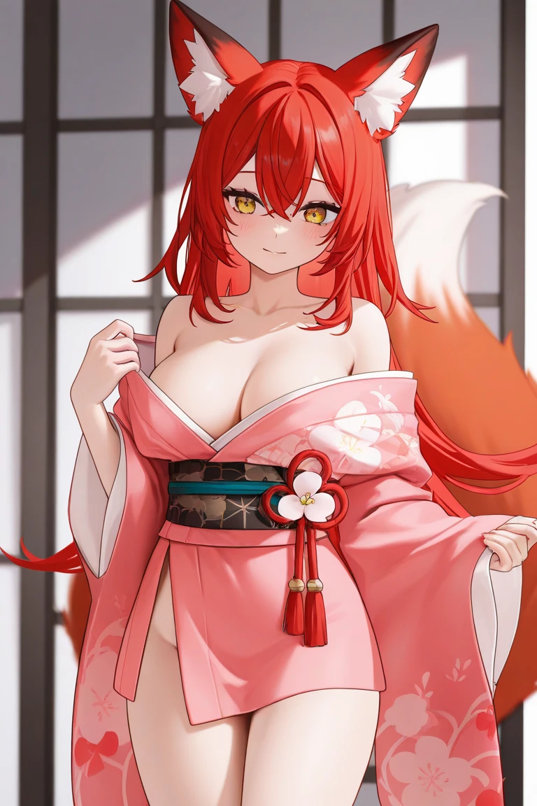 1 girl, long ginger hair, fox ears, only fox ears, crimson eyes, extremly detailed, blushing, (face perfect:1.1), (high detal:1.1), top-quality, huge breasts, sexy and seductive, wearing red and white erotic kimono kimono, tall women, long flufy nine fox tails, multiple tails, thicc thighs, wide hips, smile, horny, absurdes, high res, ultra sharp, 8k, masterpiece, looking at viewer
