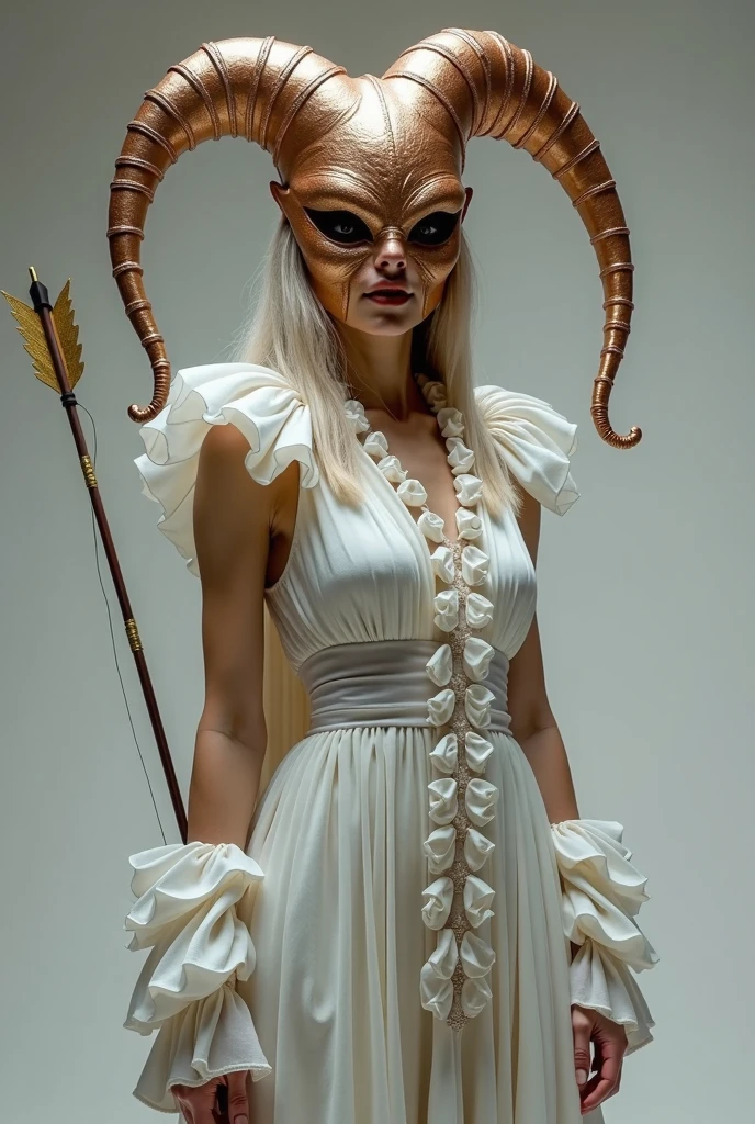 Greek style statue of a woman with horns in a dark studio, perfect body statue, woman statue, marble statue, minimal background, classic physique.bare chest