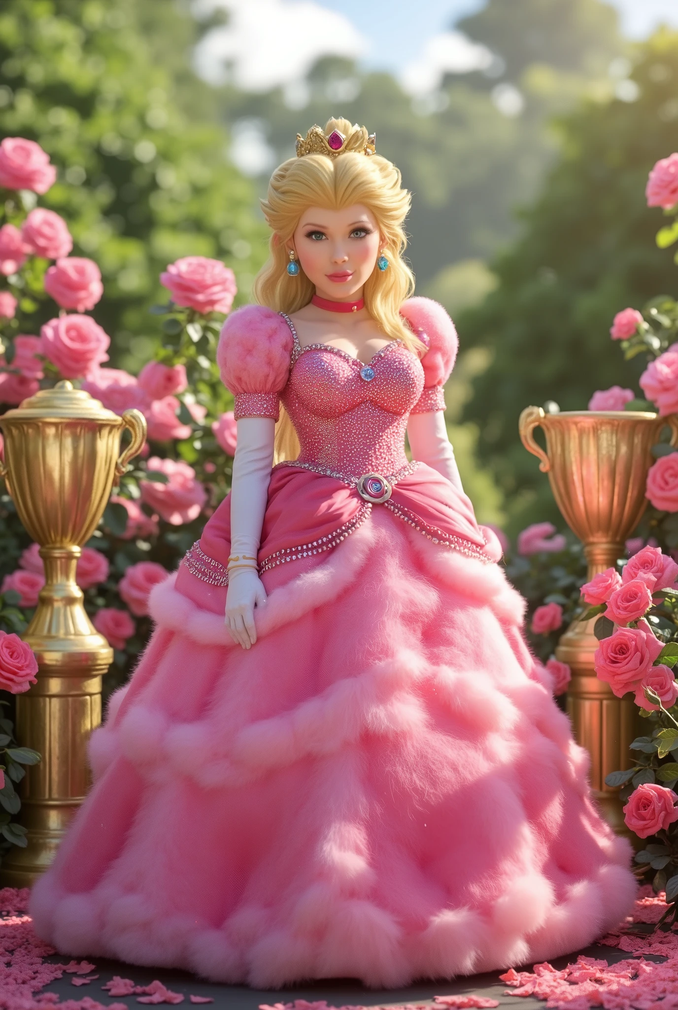 (best quality, 128k,highres,masterpiece:1.2),ultra-detailed,(realistic,photorealistic,photo-realistic:1.37), ((masterpiece)) ((photography)) ((Highest quality))  
A stunning Princess Peach (Mario) standing in an enchanting garden surrounded by lush pink roses. She wears a glamorous, fluffy pink gown adorned with glitter, and her long, flowing blonde hair is crowned with a delicate tiara. The scene is bathed in soft, magical lighting, creating an ethereal atmosphere. Elegant golden trophies are placed beside her, enhancing the royal vibe. Captured in a whimsical and caricatured artistic style with vivid colors that emphasize beauty and fantasy.