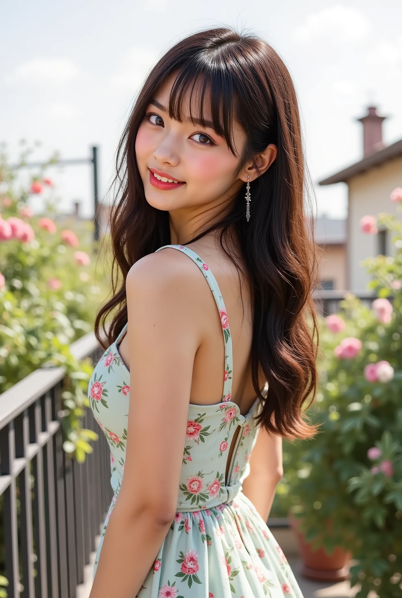 1girl,expression\(seductive smile,half-closed eyes,confident\), elegant posture, long-sleeved dress, high collar, intricate floral patterns, flowing hair, background\(rooftop garden, wrought iron fence, soft pastel lighting, blooming flowers, delicate shadows\), Art Nouveau style, watercolor style, best quality, 