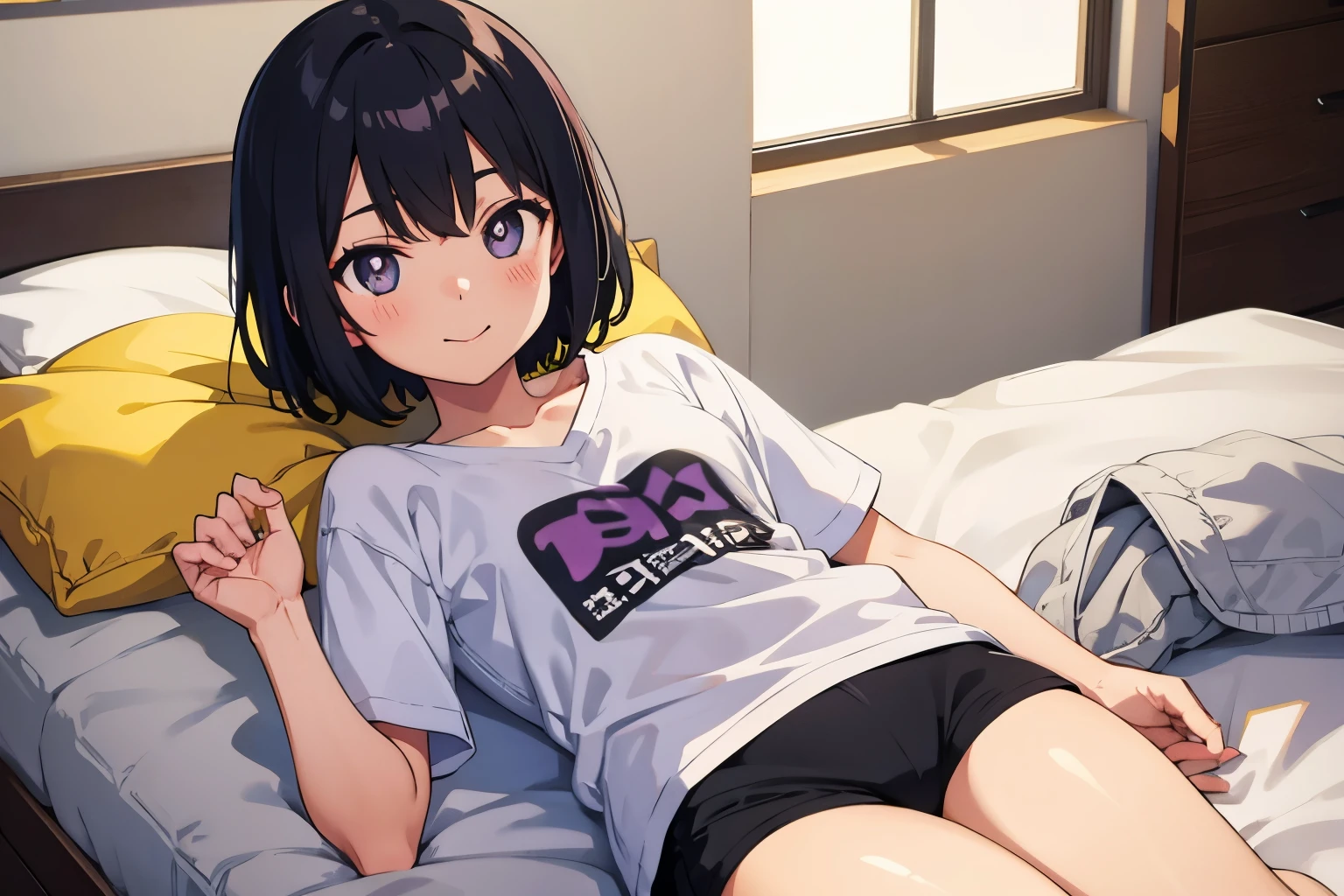  elementary school , flat chest, black hair, wavy short hair, purple pupils, open smile（（One person）） Black short-sleeved T-shirt　 Lower Body Dolphin Shorts 　 girl's room　 Japanese in white underwear 