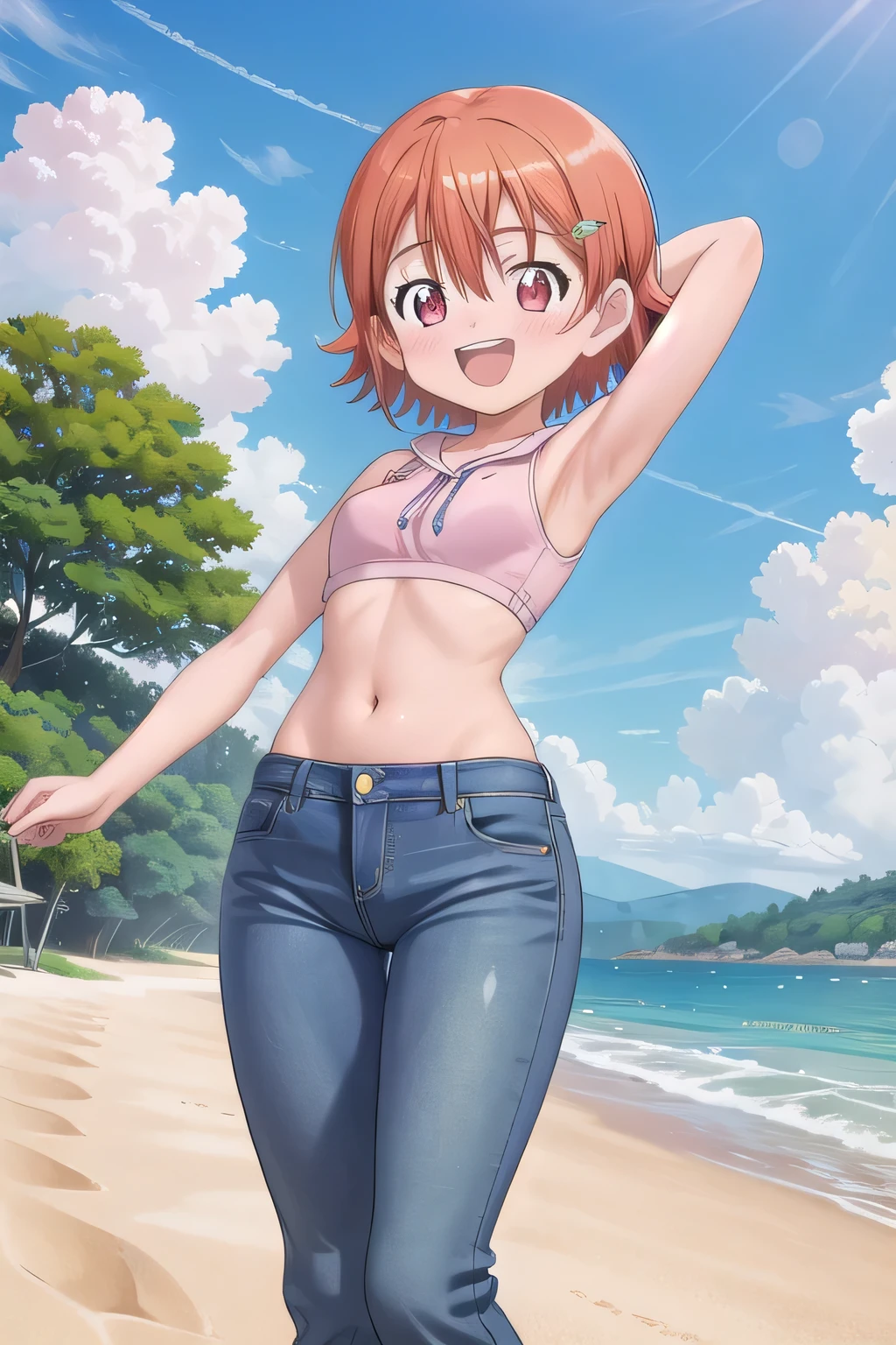 masterpiece,best quality,ultra detail,1girl, 14yo, petite, ((round face, ecstasy, orgasm face, drooping eyes, shame smiling, blush)), dropping eyes, sleepy, background((under the beach, (day:1.2), under sand beach, bright sky)), takenouchi_sora, short hair, orange hair, red eyes, arms behind head, contrapposto, spread armpits, looking at viewer,, pink hoodie shirt, pink crop top, sleeveless, (jeans pants:1.2, flares jeans:1.2, skinny jeans:1.2, blue jeans:1.2), standing, (legs spread:3:1), dynamic pose, Sweaty crotch, Steam from the crotch, from below, full body