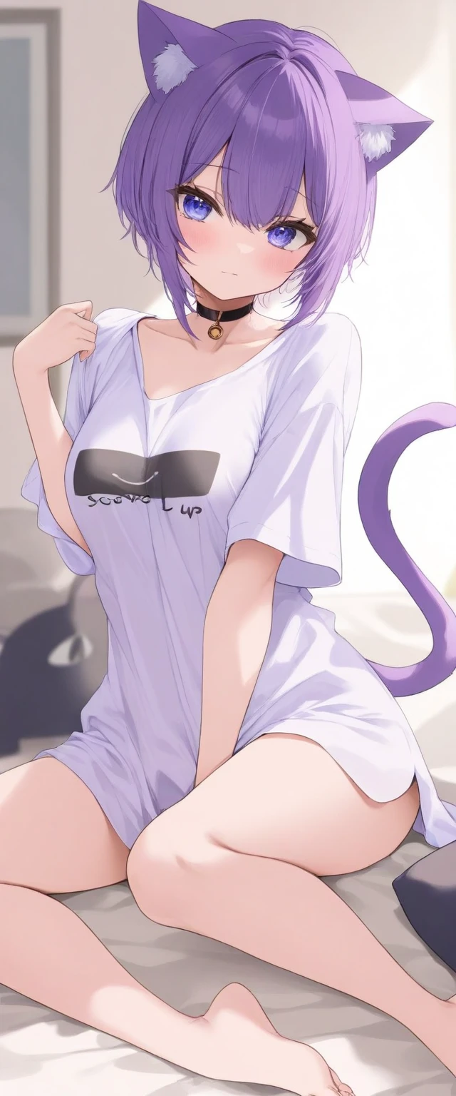  girl , purple short hair,  cat ears and tail, oversized wide-neck t-shirt, barefoot