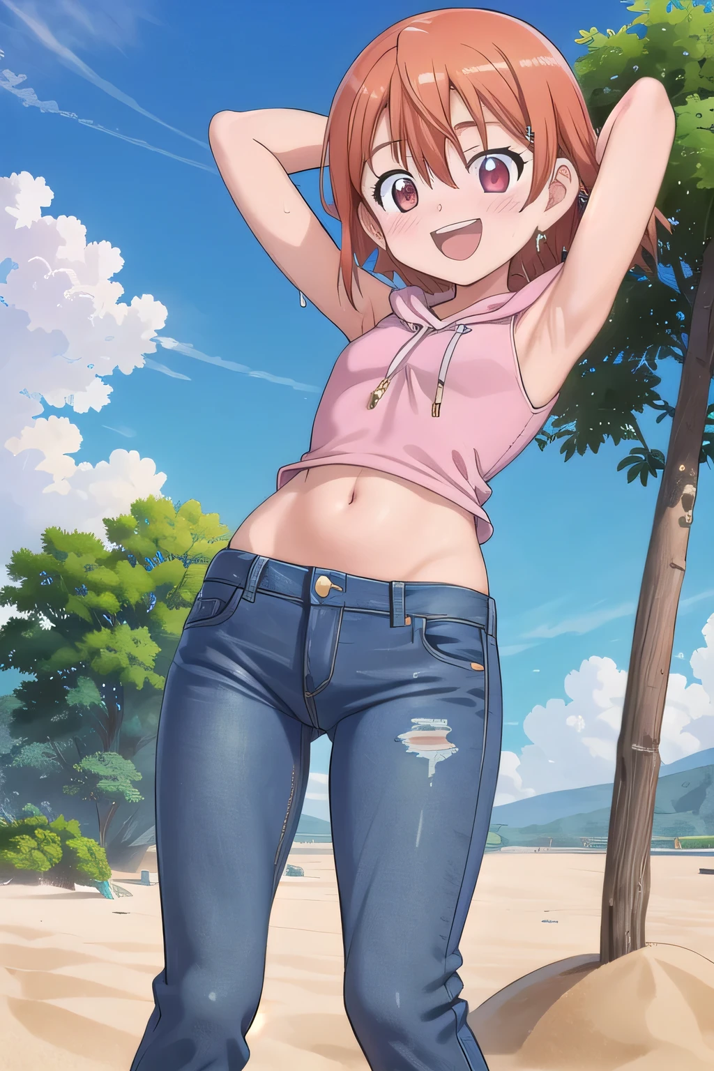 miyoshi kaya, light brown hair, high ponytail,orange eyes, parted bangs, forehead,
1girl,solo,looking at viewer, ,evil smile,,,(spoken heart),,outdoor,flat chest,miniskirt,camisole,panties,socks,tanned body
