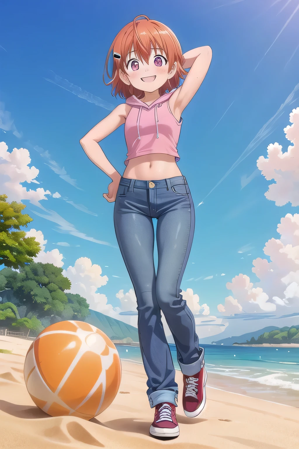 masterpiece,best quality,ultra detail,1girl, yo, pee, ((round face, ecstasy, orgasm face, drooping eyes, shame smiling, blush)), dropping eyes, sleepy, background((under the beach, (day:1.2), under sand beach, bright sky)), takenouchi_sora, short hair, orange hair, red eyes, arms behind head, contrapposto, spread armpits, looking at viewer,, pink hoodie shirt, pink crop top, sleeveless, (jeans pants:1.2, flares jeans:1.2, skinny jeans:1.2, blue jeans:1.2), standing, (legs spread:3:1), dynamic pose, Sweaty crotch, Steam from the crotch, from below, full body