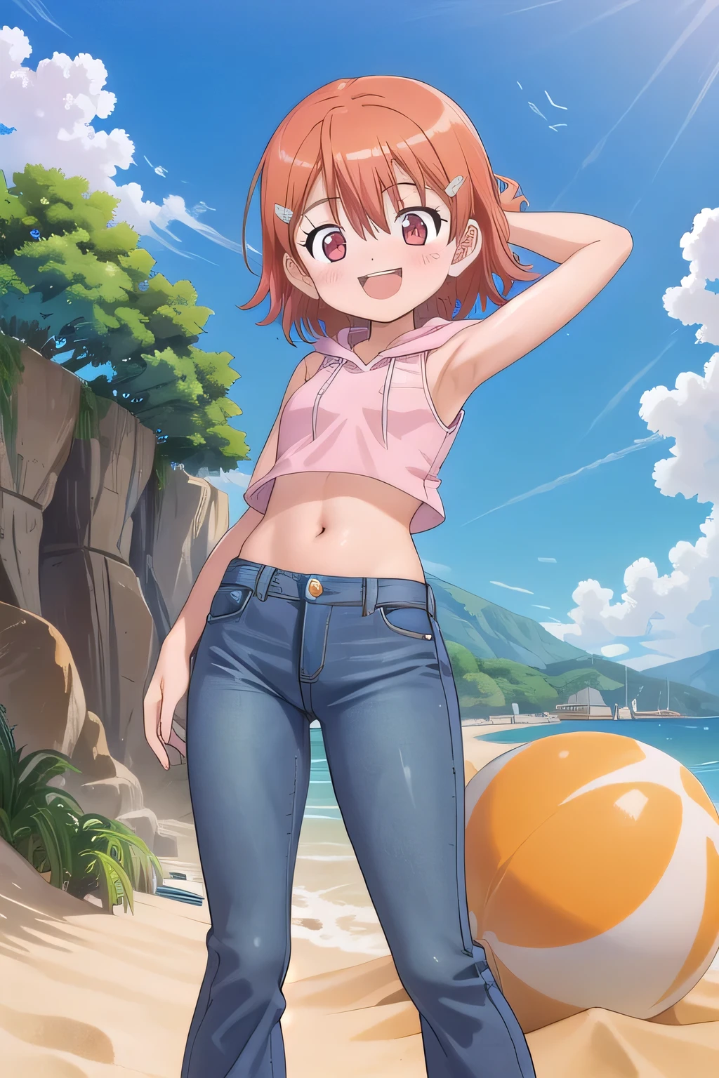 masterpiece,best quality,ultra detail,1girl, yo, pee, ((round face, ecstasy, orgasm face, drooping eyes, shame smiling, blush)), dropping eyes, sleepy, background((under the beach, (day:1.2), under sand beach, bright sky)), takenouchi_sora, short hair, orange hair, red eyes, arms behind head, contrapposto, spread armpits, looking at viewer,, pink hoodie shirt, pink crop top, sleeveless, (jeans pants:1.2, flares jeans:1.2, skinny jeans:1.2, blue jeans:1.2), standing, (legs spread:3:1), dynamic pose, Sweaty crotch, Steam from the crotch, from below, full body