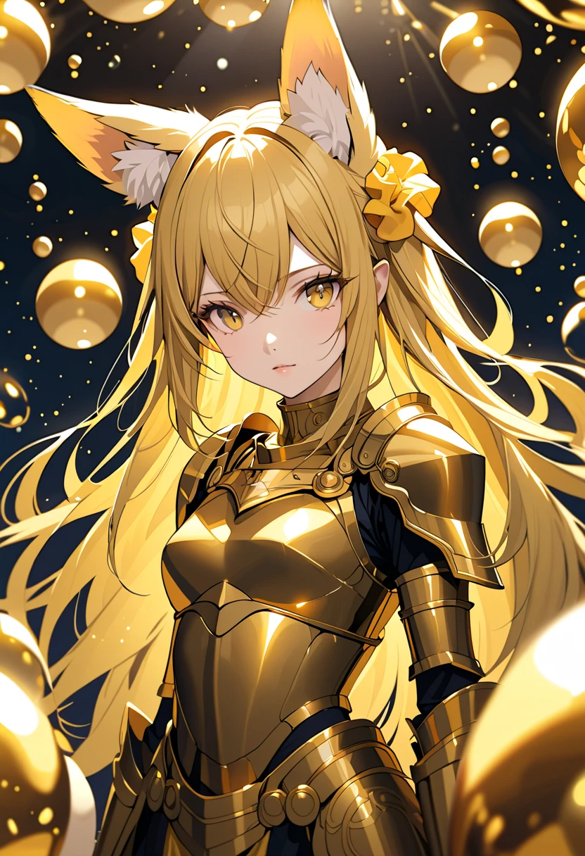 (masterpiece, best quality),one girl, (gold fox ears:1.4), (gold hair), long hair, crossed bangs, (two side up), gold eyes, hair scrunchie,  flat chest,wearing Golden armor with a whale motif, there are whale designs in places on the armor,ribbon on chest,She is surrounded by golden spheres,