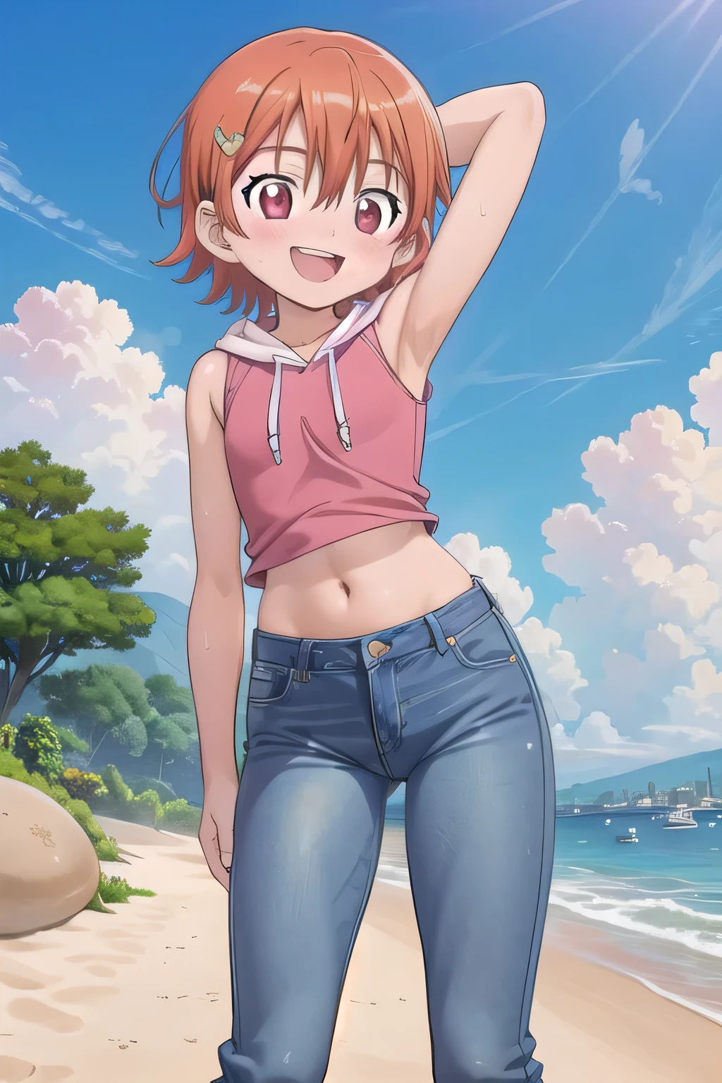 masterpiece,best quality,ultra detail,1girl, yo, pee, ((round face, ecstasy, orgasm face, drooping eyes, shame smiling, blush)), dropping eyes, sleepy, background((under the beach, (day:1.2), under sand beach, bright sky)), takenouchi_sora, short hair, orange hair, red eyes, arms behind head, contrapposto, spread armpits, looking at viewer,, pink hoodie shirt, pink crop top, sleeveless, (jeans pants:1.2, flares jeans:1.2, skinny jeans:1.2, blue jeans:1.2), standing, (legs spread:3:1), dynamic pose, Sweaty crotch, Steam from the crotch, from below, full body