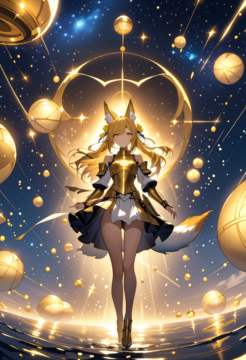 (masterpiece, best quality),one girl, (gold fox ears:1.4), (gold hair), long hair, crossed bangs, (two side up), gold eyes, hair scrunchie,  flat chest,wearing Golden armor with a whale motif, there are whale designs in places on the armor,ribbon on chest,She is surrounded by golden spheres,The constellation Cetus shines in the starry sky in the background. atmosphere is magical and exciting, with glowing lights and action effects flooding,