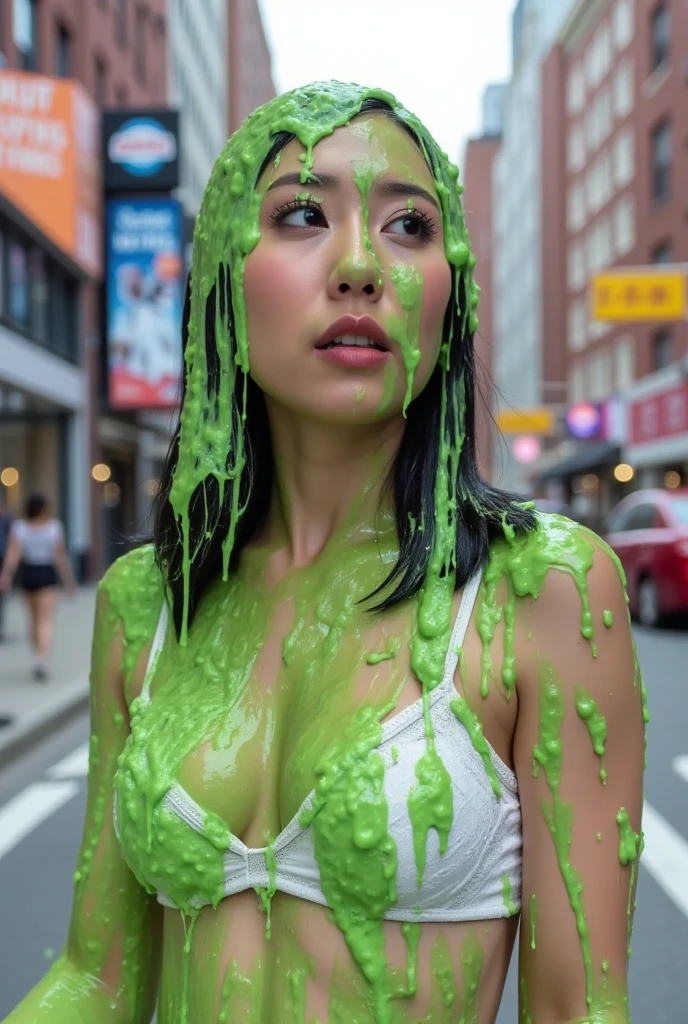 Cinematic photograph of Korean teen covered in dripping green slime. Wearing maroon Lululemon tight gym clothes. f/1.4 aperture. hyper-realistic style. (Korean teen: 1.1). Long fake eyelashes. Slime. 50mm. 8k. Masterpiece. New York city in background. Bokeh. Daytime. Glistening liquid. Raw photo. Delicate eyes. Instagram influencer makeup. Small cleavage. Korean Instagram influencer. Korean model. Sexy Korean girl. brown eyeshadow. (photorealistic: 1.1). Dripping slime on face. (Asian beauty: 1.1). Maroon yoga pants. Soft lighting.