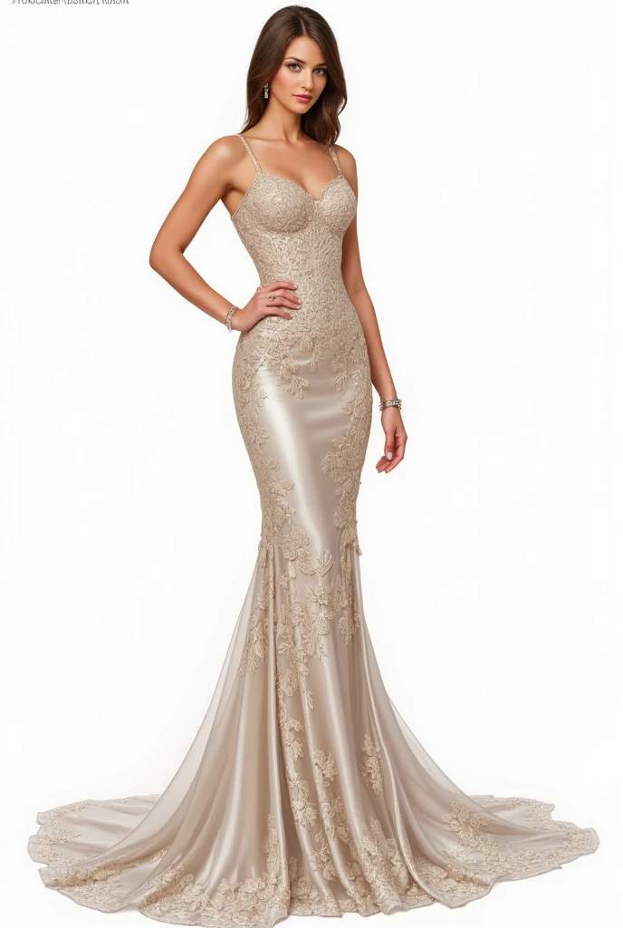 Photos of the fashion show, Carmen Dale Oliphis,with long brown hair, Supermodel, Wearing a semi-bright long dress, Stars and seas,Rich,opulent,floating long dress,inside in room:lauxury room, intagram pose, Photo texture.create this image