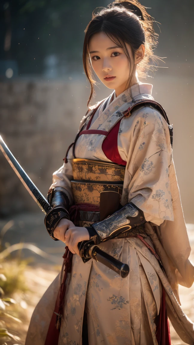 Mysterious Samurai Woman ( Musashi Miyamoto )  wielding a long Japanese sword , Separate with a powerful cut、 covered with a fog that obscures the vision ,  reveals Bright and above the earth , , the sharpness of the fencing contrasts with the blurred background. , Mysterious background,  The sharp, gripping sight of the white fox meets the eye of the beholder.,  A layer of space fog covering the foreground , drill,  Clear Eyes ,  Exquisite and delicate kimono ,  Amazing light and color 