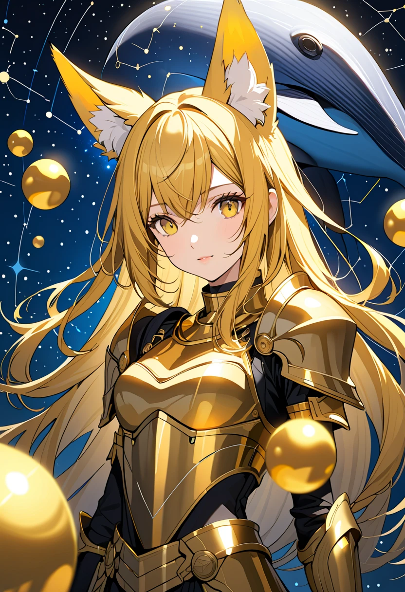 (masterpiece, best quality),one girl, (gold fox ears:1.4), (gold hair), long hair, crossed bangs, (two side up), gold eyes, hair scrunchie,  flat chest,wearing Golden unique armor with a whale motif, there are whale designs in places on the armor,ribbon on chest,She is surrounded by golden spheres,The constellation Cetus shines in the starry sky in the background. 