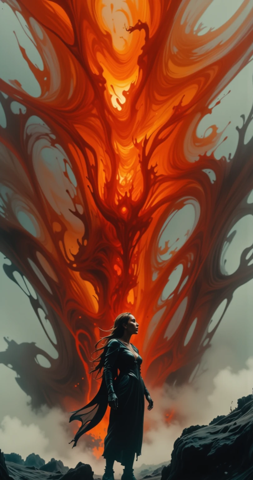  a close up of a person standing in front of a red cloud, Impressive visual effects, Frame from the movie The Arrival ,  lava falls ,  looking out at a red ocean ,  highly detailed surrealistic VFX ,  stunningly epic images , incredible vfx ,  visually striking scene ,  images from another world ,  In the movie arrived ,  epic visual effects shot ,  cinematic and dramatic red light ,  amazing volcanic eruption 