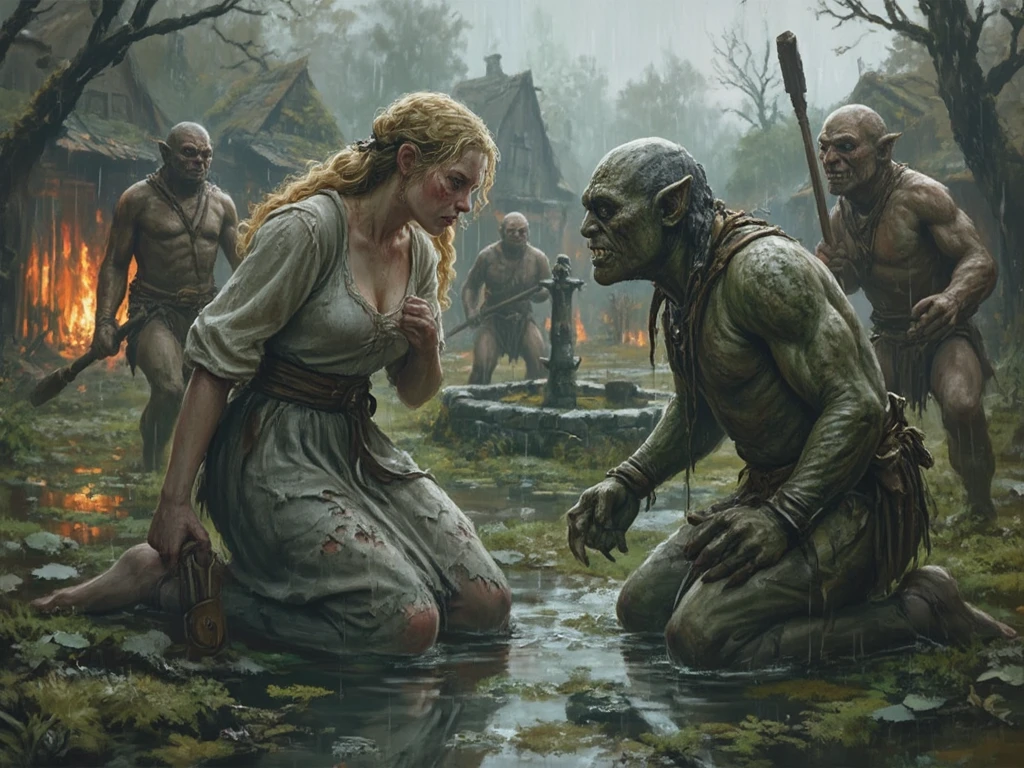 Part 7  : (( high resolution,  ultra-detailed frame )),  (( , focusing on the subtle details and atmosphere of the scene ))spring,  Rainy weather , medieval themes, all characters are visible in the frame, arras: - fat , green, naked with huge clubs in her hands ,  have sharp teeth , long claws, A vile face. 
 1- In the background We see a burning village in a swamp ,  the square with a stone well in the center of the square ,  small burning wooden houses covered with moss;
 - naked women in the background ,  kill creatures ,  goblins ;
 - three goblins surrounded a blonde girl in torn dirty and wet medieval linen clothes, gray torn ,  a leaky blouse and a torn leaky gray skirt revealing her bare feet wet and dirty in the swamp ,  with a beautiful face blond curly ,  long hair,  pale pink dirty skin ,  skinny girl with big beautiful breasts, round ass , , the girl is kneeling with her legs wide open , , clenching her hands into a fist, pressed them to her chest in a pose begging for mercy, watching the gray goblin walking towards her ,  on the very beautiful face of a girl with plump beeps and reddened cheeks in freckles ,  expresses agony fear ,  horror and despair .
 - the gray goblin rips off the girl's blouse, exposing her breasts .