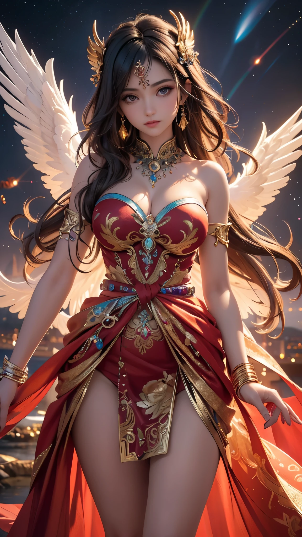Top quality, lots of detail, with a woman in a red dress posing for a photo, moon-themed costume, astral witch costume, fantasy costume, live-action girl cosplay, beautiful celestial mage, inspired by cold plum, bandeau dress, popular on cgstation, celestial goddess, April rendering, light blue, dreamy medium portrait top light, light blue skin, amouranth, fantasy dress, full body close-up
