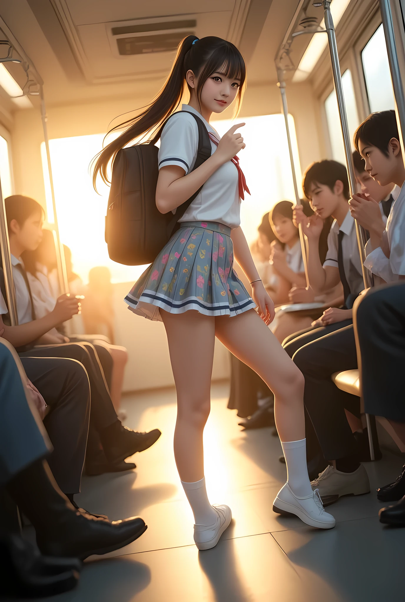 Masterpiece, 8k, Photorealistic, top-quality, Beautiful Japanese High school girl, Photorealistic, (Plump breast:1.3), Dynamic angle, Ponytail,
Pastel cowpattern school uniform, pleated skirt, pastel socks, Lofer, Sanding in morning train,legs spread apart, backpack , (From below1.3), morning, Ponytail, Sunshine, Closeup,