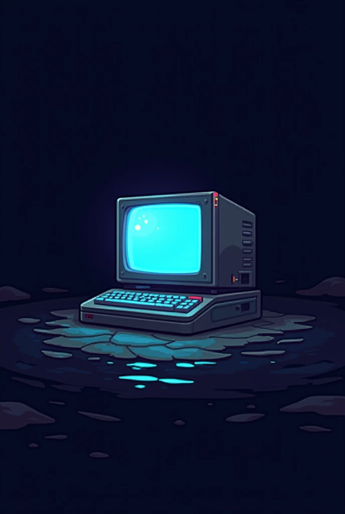 An illustration of an old-school computer in a retro video game aesthetic, styled in pixel art. The design uses a limited palette of three colors: #0E1727 for the dark background, #FFFFFF for bright highlights, and #3FDBE6 for glowing cyan accents. The computer features a minimalist, futuristic design with simple outlines, a glowing screen, and a classic 8-bit vibe. The overall composition reflects the nostalgic aesthetics of arcade games while emphasizing clean, modern visual elements and a technological theme.