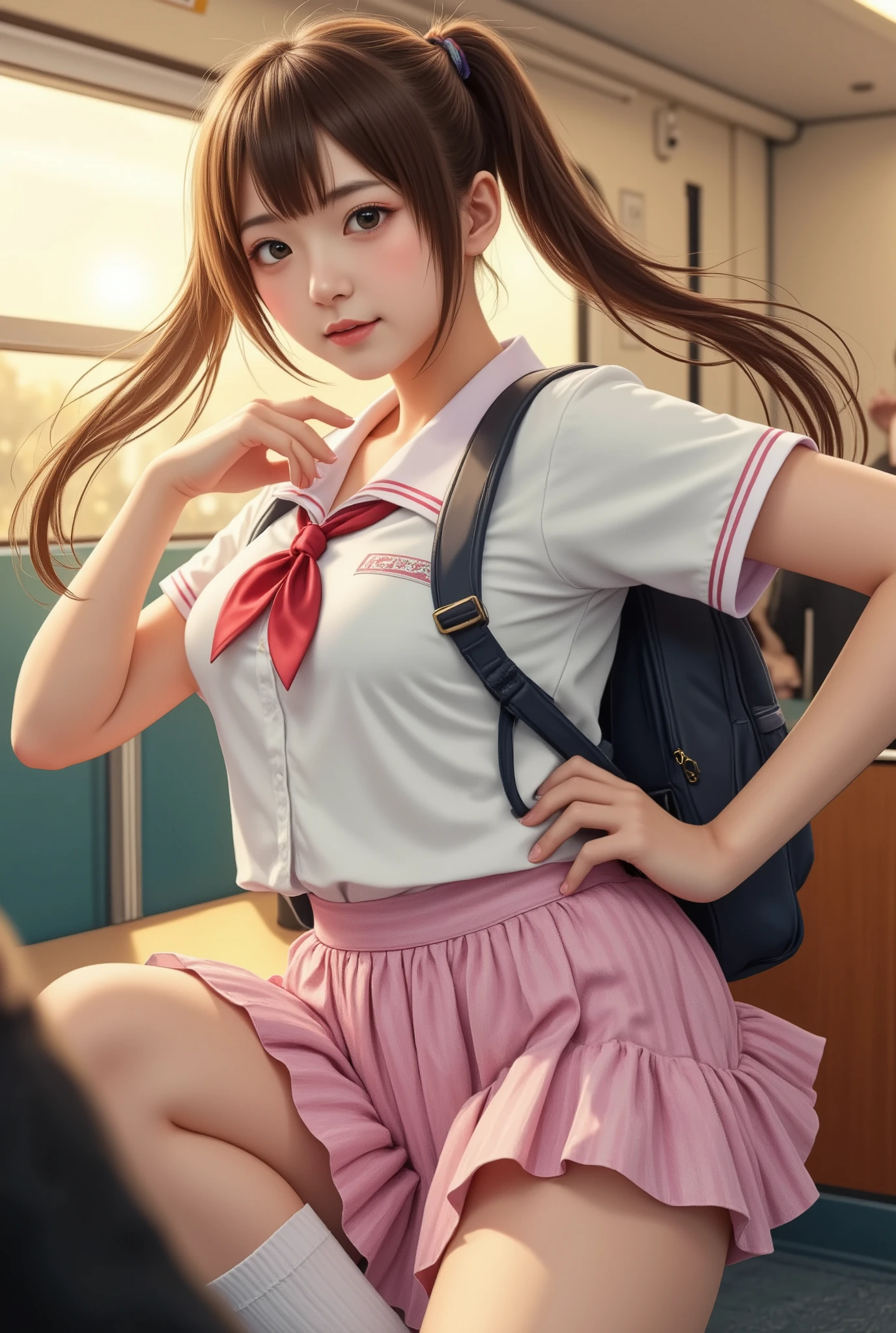 Masterpiece, 8k, Photorealistic, top-quality, Beautiful Japanese High school girl, Photorealistic, (Plump breast:1.3), Dynamic angle, Ponytail,
Pastel cowpattern school uniform, pleated skirt, pastel socks, Lofer, Sanding in morning train,legs spread apart, backpack , (From below1.3), morning, Ponytail, Sunshine, Closeup,