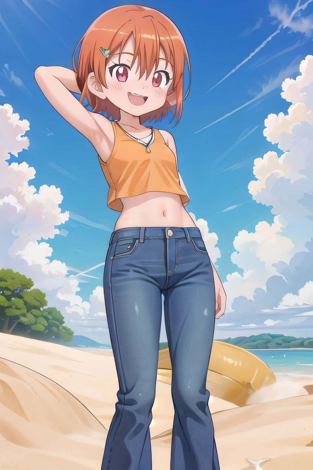 masterpiece,best quality,ultra detail,1girl, 14yo, petite, ((round face, ecstasy, orgasm face, drooping eyes, shame smiling, blush)), dropping eyes, sleepy, background((under the beach, (day:1.2), under sand beach, bright sky)), takenouchi_sora, short hair, orange hair, red eyes, arms behind head, contrapposto, spread armpits, looking at viewer,, yellow hoodie shirt, yellow crop top, sleeveless, (jeans pants:1.2, flares jeans:1.2, skinny jeans:1.2, blue jeans:1.2), standing, (legs spread:3:1), dynamic pose, Sweaty crotch, Steam from the crotch, from below, full body