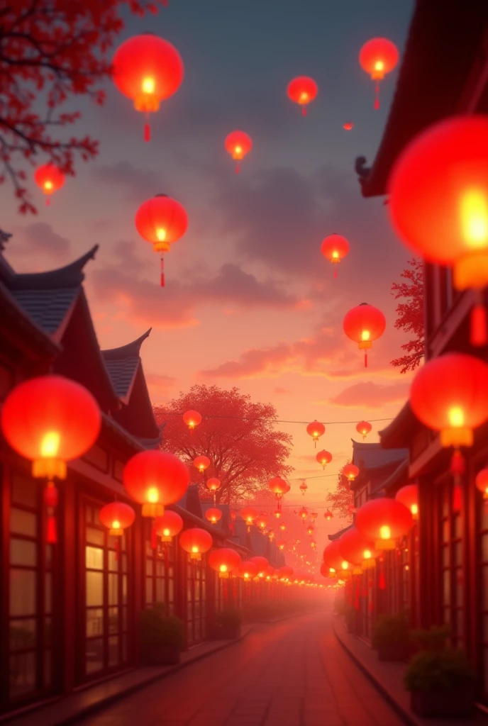 An AI-rendered depiction of glowing red lanterns illuminating a serene evening sky, capturing the magical essence of the Chinese Lantern Festival during the Lunar New Year celebrations.