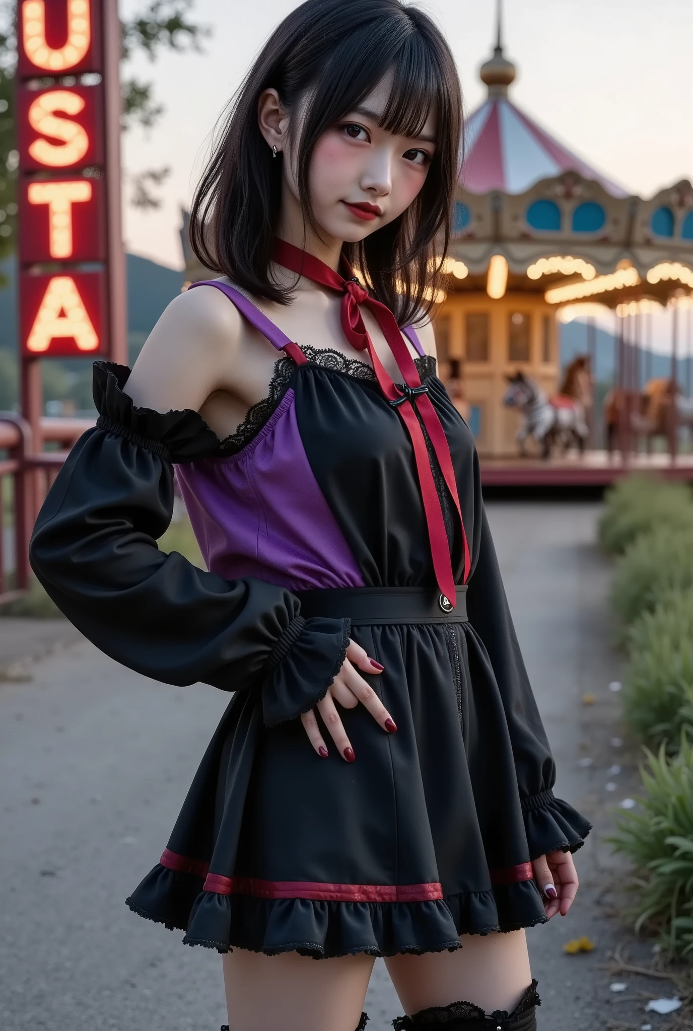 Japanese girl\(very beautiful but mischievous smile, playful and slightly teasing expression, full body, gothic lolita style outfit/(dark purple and black frilled dress, lace accents, thigh-high socks with bows/), (standing pose:1.2)/(one hand on hip, slightly leaning forward, confident posture, head tilted with a sly smile/), dynamic angle, backlit, looking directly at the viewer, eyes glinting with cunning intent, her hair slightly waving as if caught in a gentle breeze, (slightly wavy black hair, shoulder-length with a red ribbon:1.2)\),background\(trk,at an abandoned amusement park, eerie atmosphere, broken merry-go-round in the background, faded and chipped paint, the faint glow of a flickering neon sign, overgrown weeds breaking through the cracked pavement, (evening setting:1.3)/(orange and purple hues blending in the twilight sky, soft diffused light highlighting her figure, creating a mysterious and haunting vibe/), subtle fog adding depth and mystery to the scene, a few scattered fallen leaves on the ground\),ultra-realistic, photorealistic, dramatic scene, shadow, cinematic lighting,