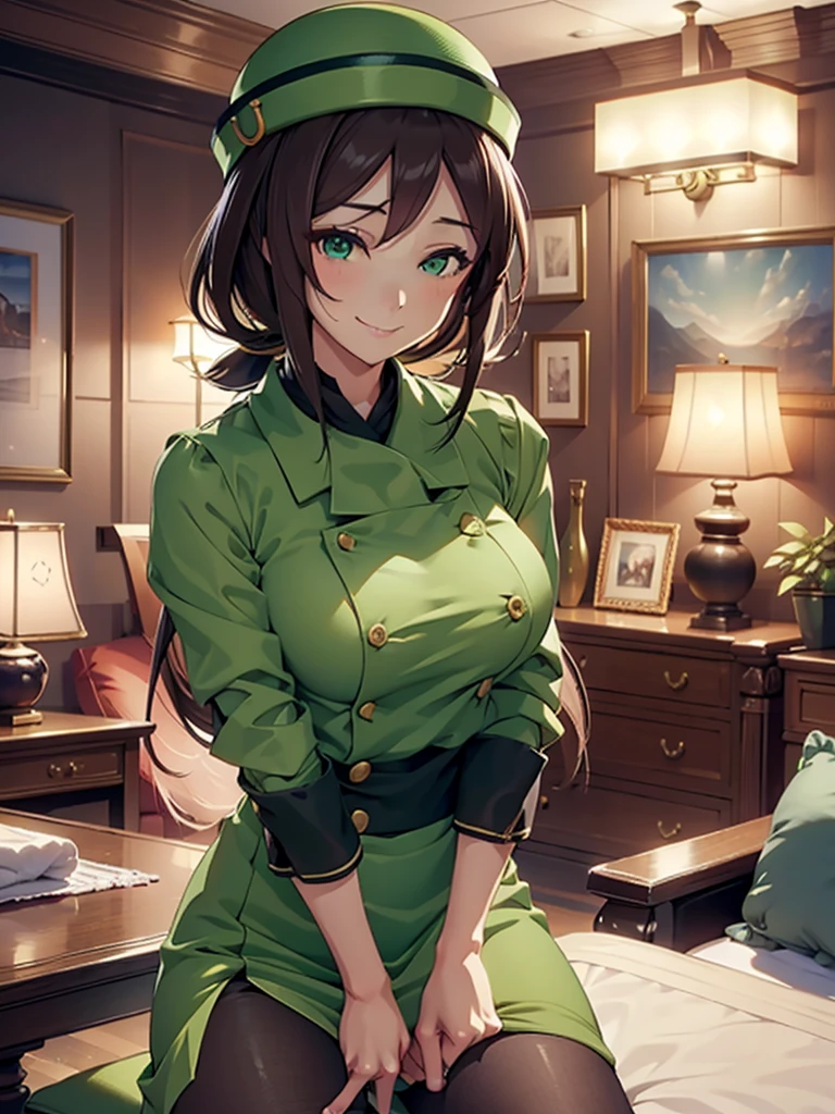 (​masterpiece, top-quality, hight resolution, Unity 8k, extremely details CG:1,Best Picture),hayakawa tazuna, low ponytail, green headwear, green skirt, pantyhose, A prostitute smiles provocatively in a hotel room at night. She is a prostitute, and her body language and facial expression clearly indicate that she wants to be fucked by a client. She is sexually aroused. nsfw, With a fuck-inducing smile