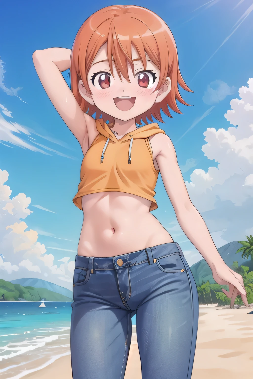 masterpiece,best quality,ultra detail,1girl, yo, pee, ((round face, ecstasy, orgasm face, drooping eyes, shame smiling, blush)), dropping eyes, sleepy, background((under the beach, (day:1.2), under sand beach, bright sky)), takenouchi_sora, short hair, orange hair, red eyes, arms behind head, contrapposto, spread armpits, looking at viewer,, yellow hoodie shirt, yellow crop top, sleeveless, (jeans pants:1.2, flares jeans:1.2, skinny jeans:1.2, blue jeans:1.2), standing, (legs spread:3:1), dynamic pose, Sweaty crotch, Steam from the crotch, from below, full body