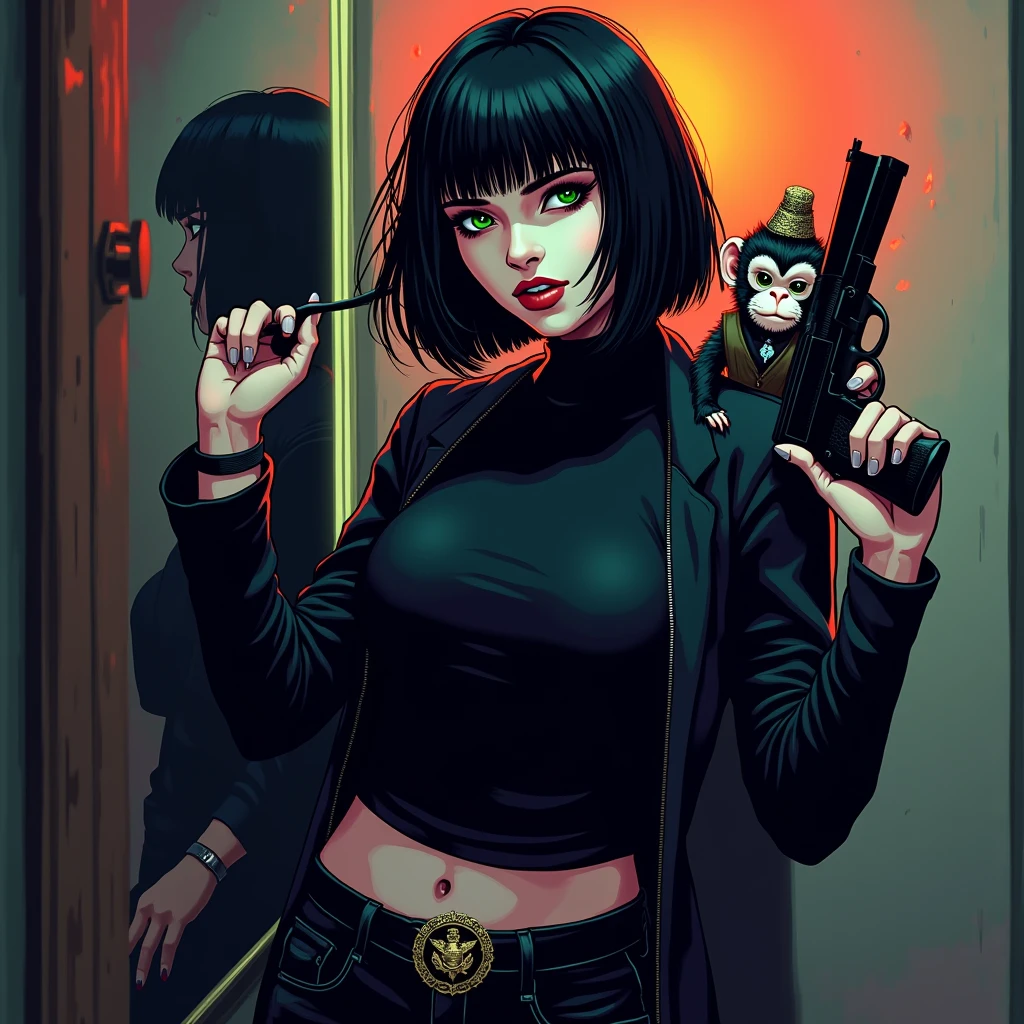 score_9, score_8_up, score_7_up,  <lora:STYLE_PONYXL_guweiz_ownwaifu:0.85>, BREAK 
STYLE_PONYXL_guweiz_ownwaifu, anime girl with skull t - shirt and jeans leaning against a wall, 1girl, long hair, medium breasts, looking at viewer, black hair, long sleeves, closed mouth, jewelry, standing, open jacket, collarbone, white shirt, high ponytail, sidelocks, cowboy shot, earrings, open clothes, black pants, indoors, black belt, black jacket, belt buckle, cigarette, hands in pockets, print shirt, leather jacket, skull print,