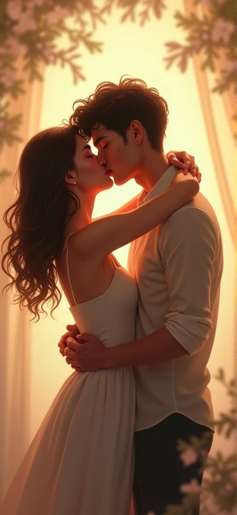 The woman in this picture is embraced intimately from behind by a young boy and then they kiss each other tenderly and passionately
