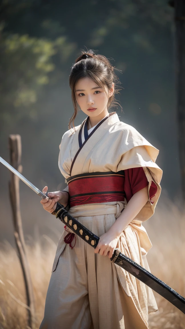 Mysterious Samurai Woman ( Musashi Miyamoto )  wielding a long Japanese sword , Separate with a powerful cut、 covered with a fog that obscures the vision ,  reveals Bright and above the earth , , the sharpness of the fencing contrasts with the blurred background. , Mysterious background,  The sharp, gripping sight of the white fox meets the eye of the beholder.,  A layer of space fog covering the foreground , drill,  Clear Eyes ,  Exquisite and delicate kimono ,  Amazing light and color 